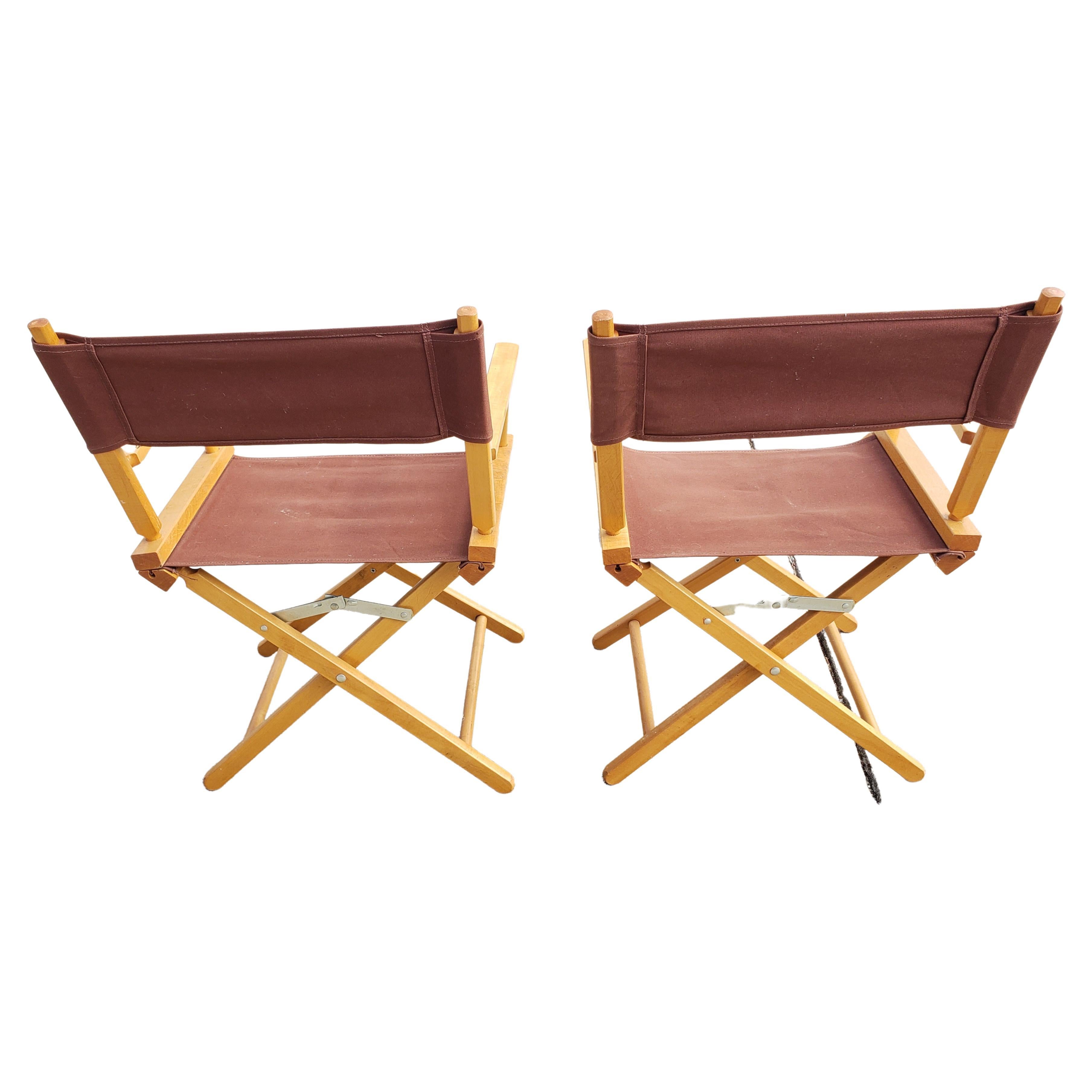 Woodwork Vintage Solid Maple Directors Chairs with Brown Canvas Upholstery, a Pair For Sale