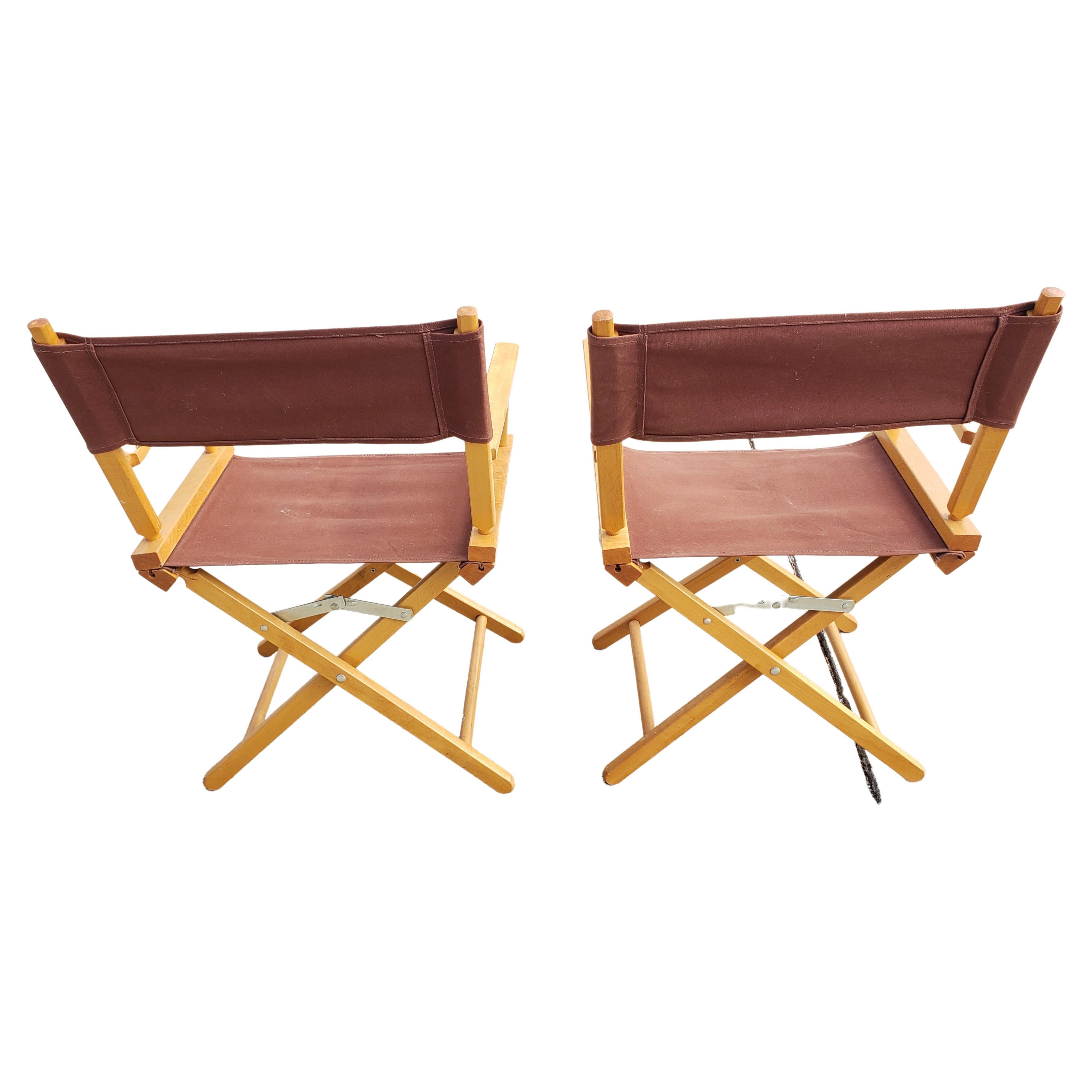 Toile Paire de chaises de directeur vintage en érable massif avec tapisserie en toile marron en vente