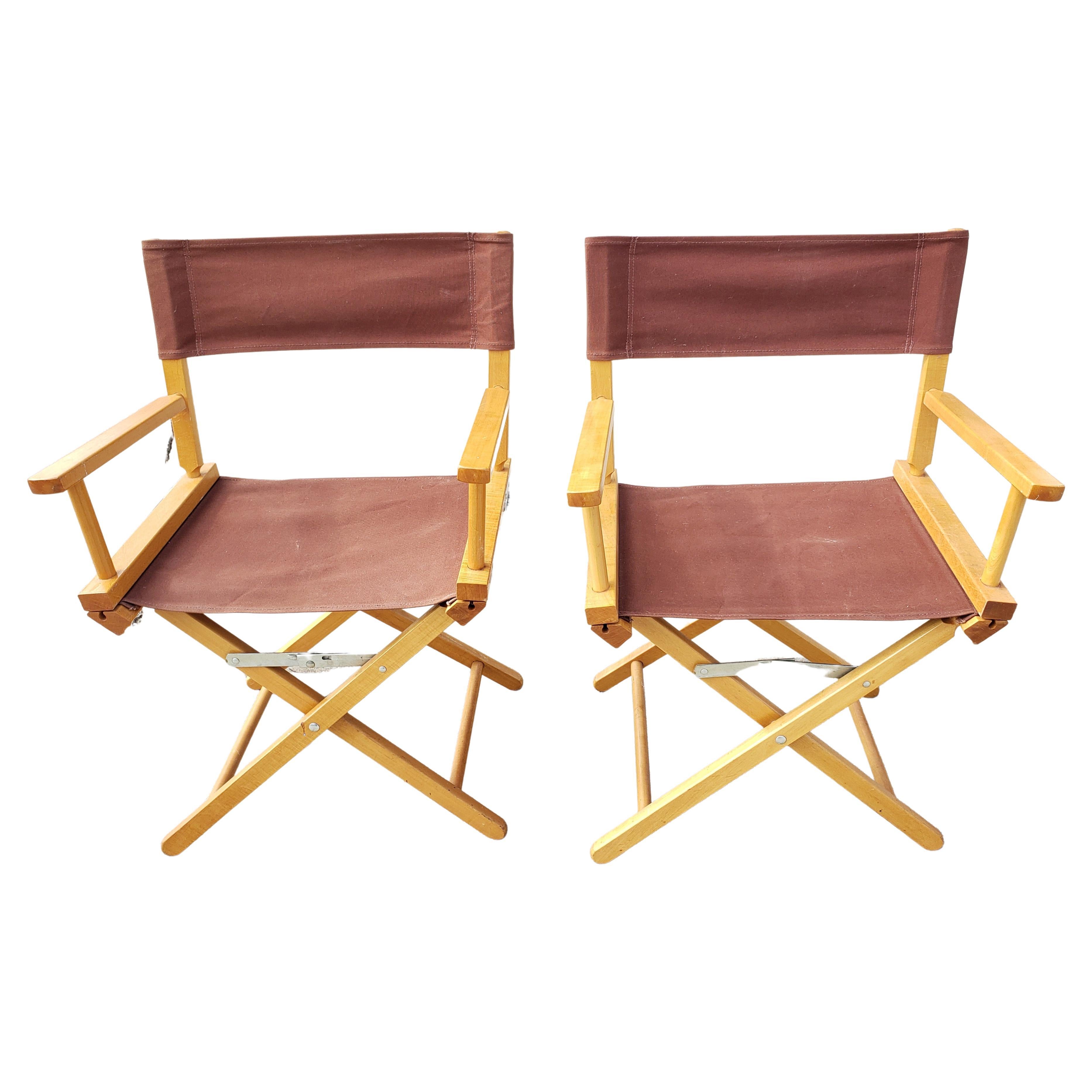 Vintage Solid Maple Directors Chairs with Brown Canvas Upholstery, a Pair