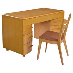 Retro Solid Maple Heywood Wakefield Wheat Writing Desk With Cats Eye Chair