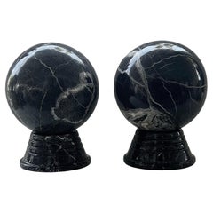 Vintage Solid Marble Orbs Spheres Mounted on Bases, Matched Pair