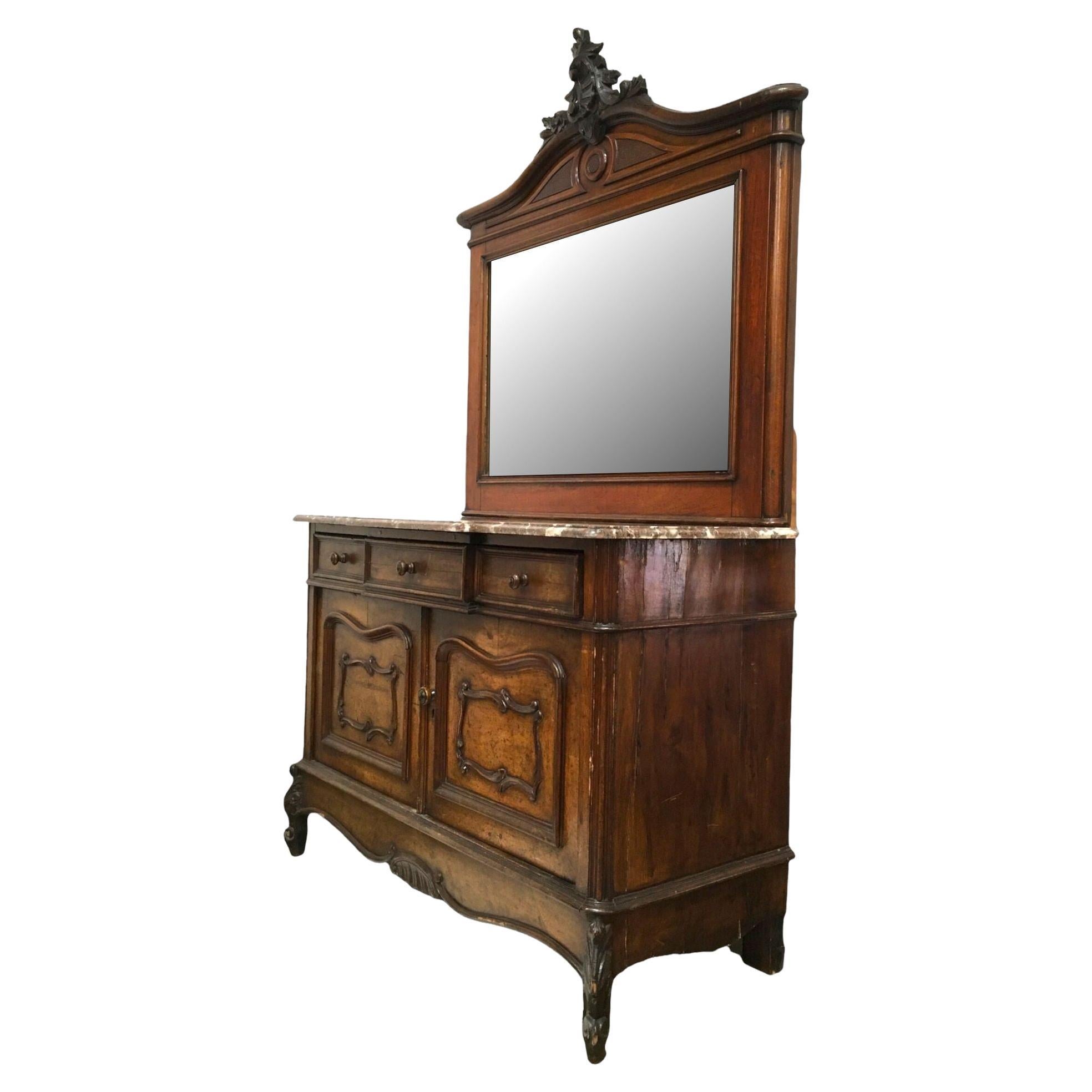 Louis XVI Solid Oak Dressing Vanity Table with Mirror and Marble Top For Sale