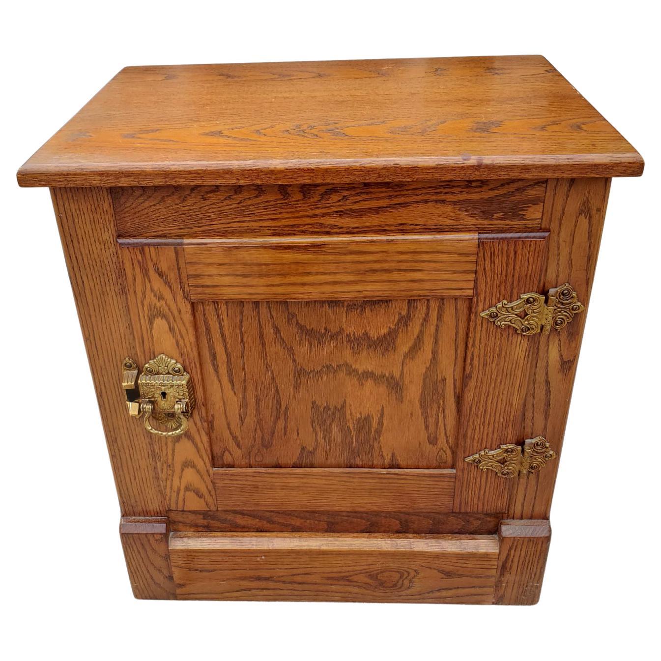 Vintage Solid Oak Ice Box Storage Side Table with Brass Hardware For Sale