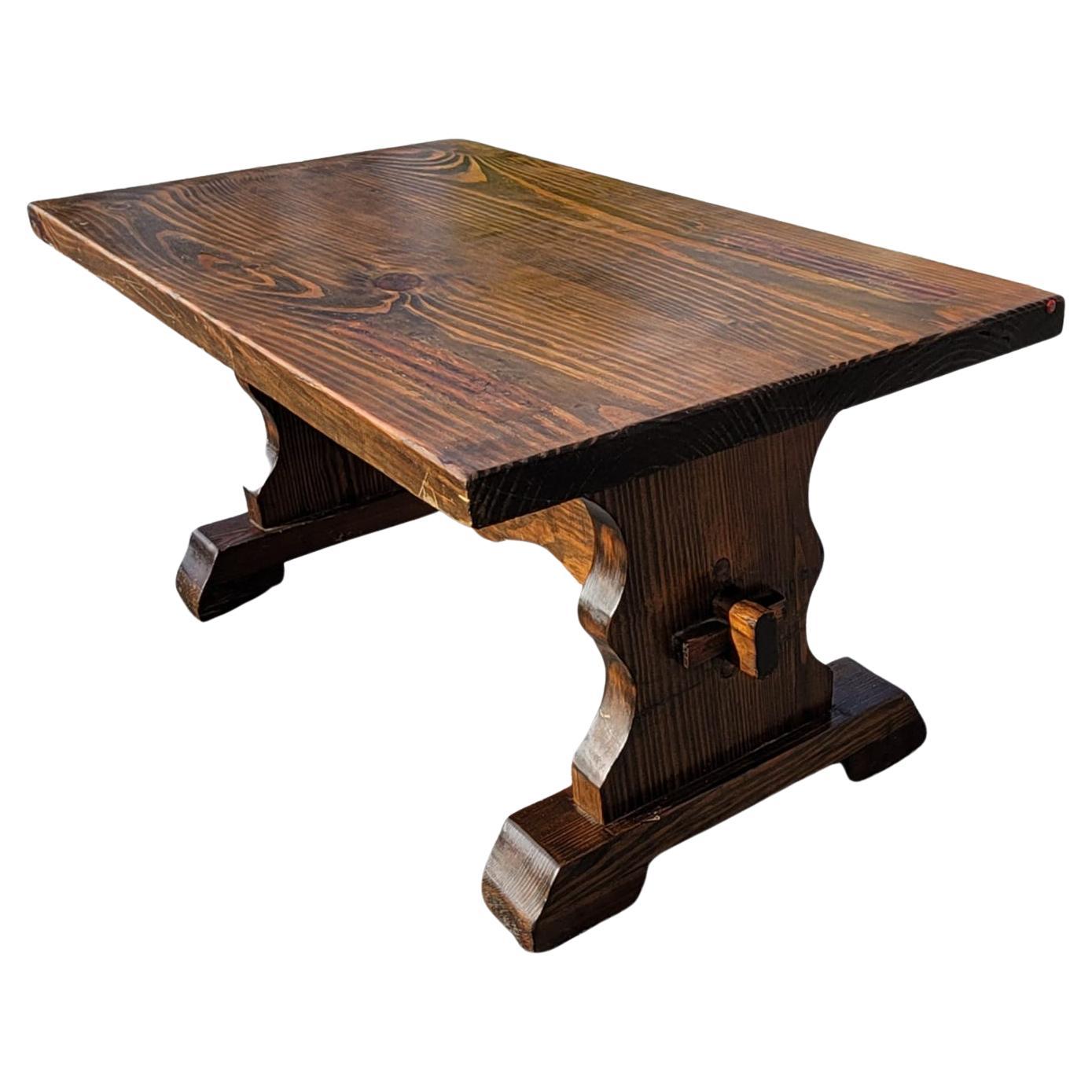 Woodwork Vintage Solid Oak Jacobean Style Trestle Cocktail Table For Sale