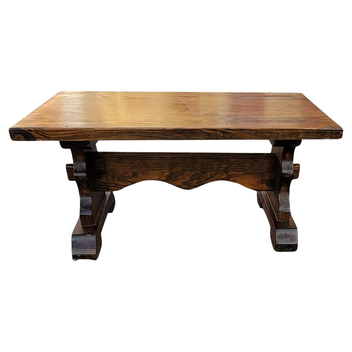 Vintage Solid Oak Jacobean Style Trestle Cocktail Table In Good Condition For Sale In Germantown, MD