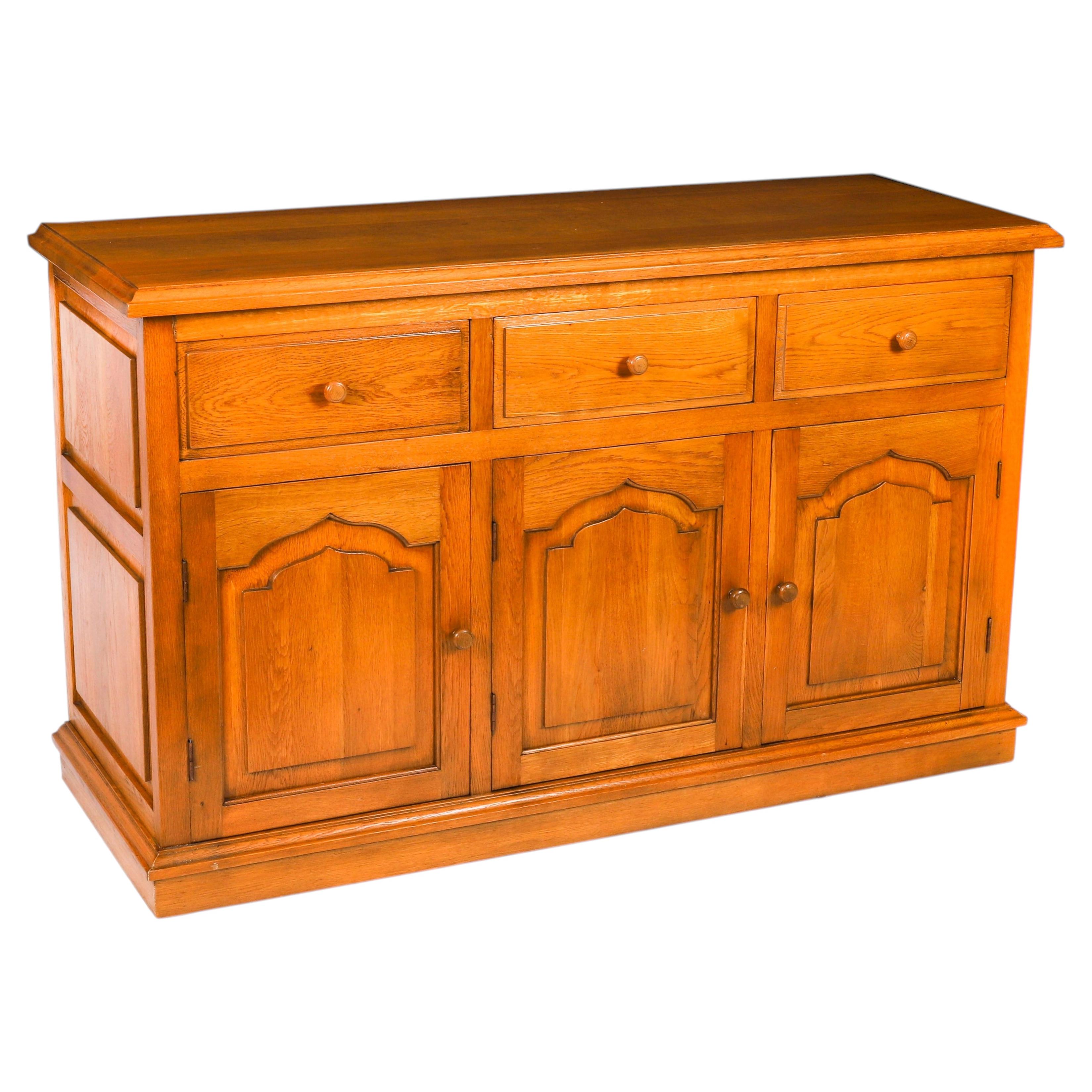 Vintage Solid Oak Panelled Three Door Sideboard 20th Century For Sale