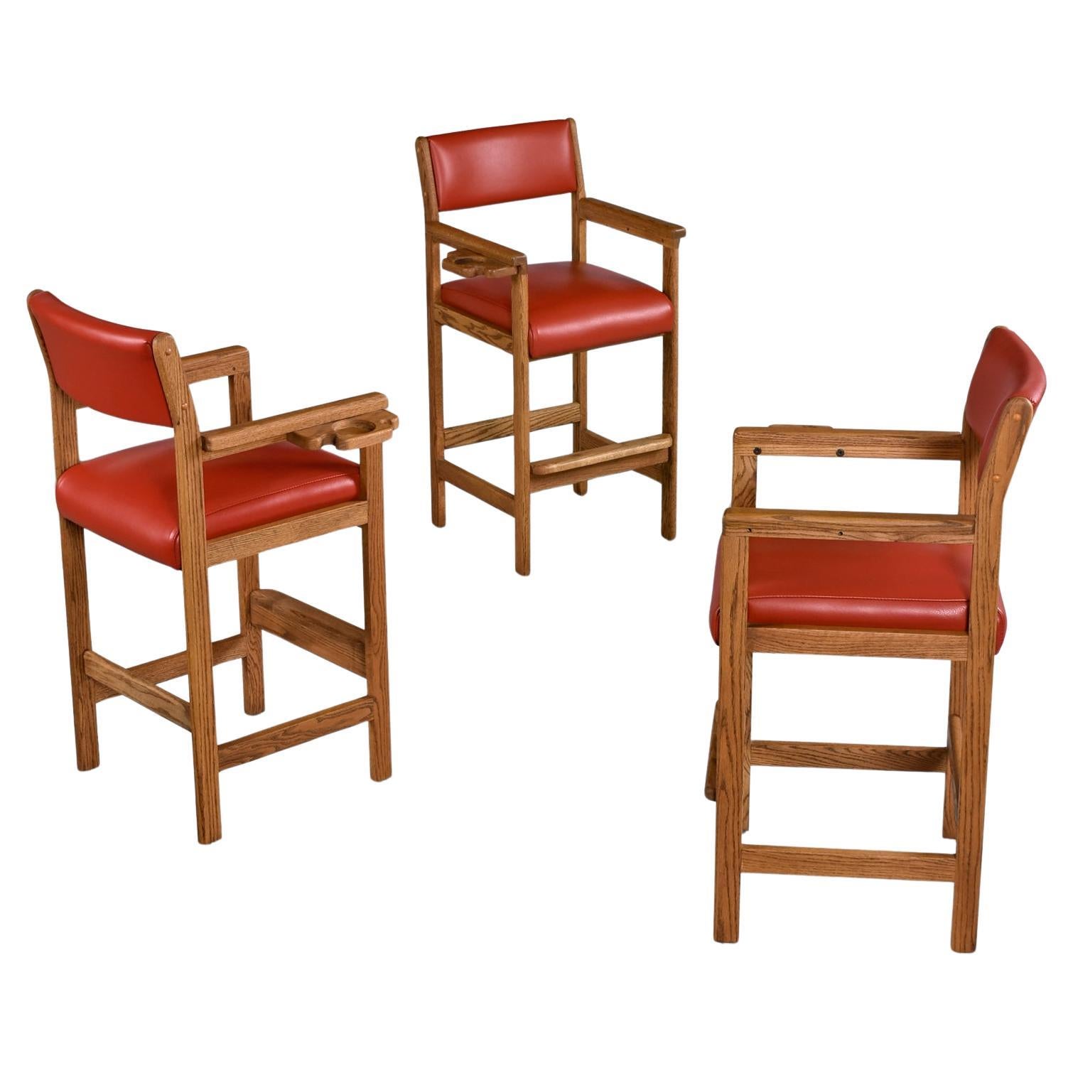 American Restored Vintage Solid Oak Red Leather Pool Room Billiard Barstools Set of 3 For Sale