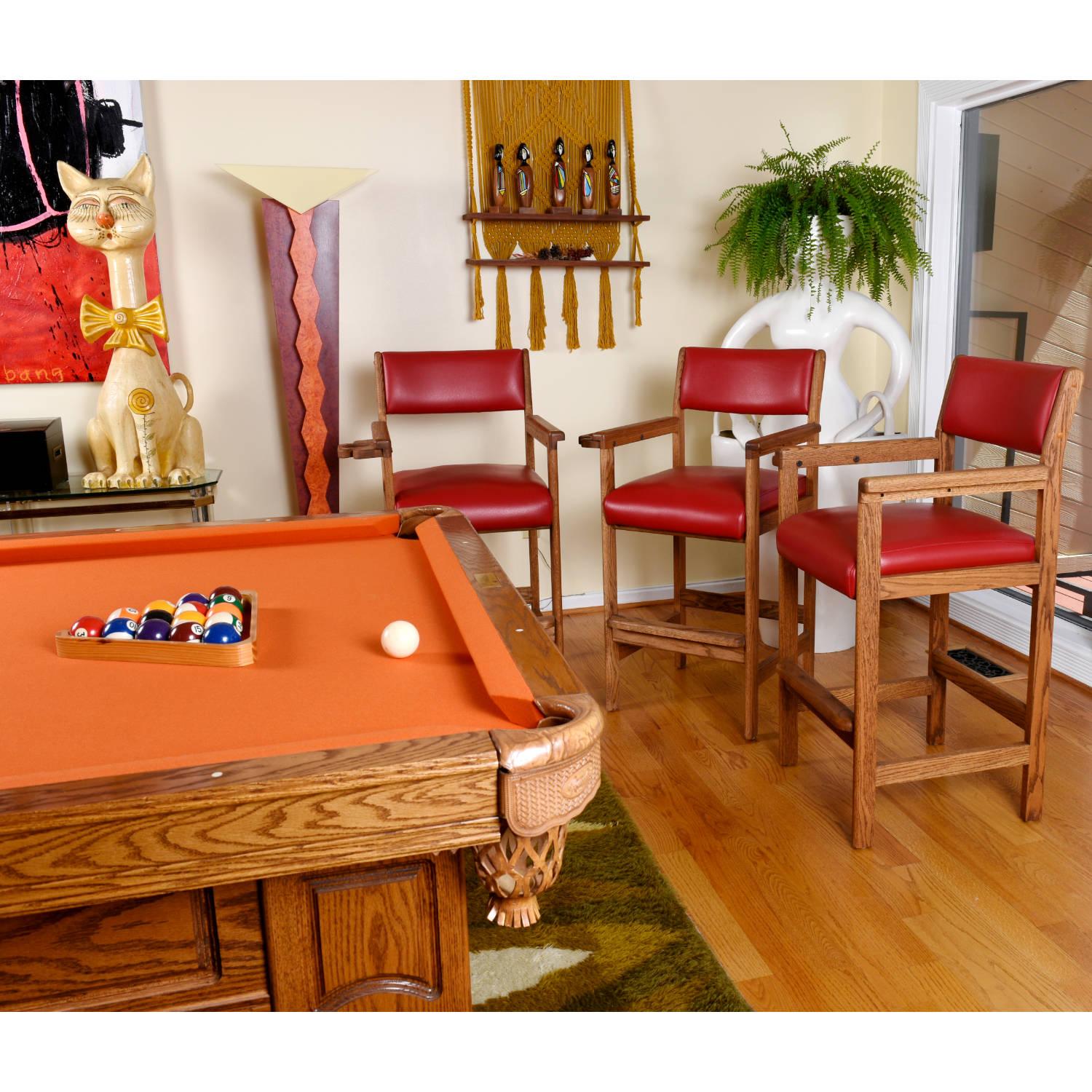The ultimate seating solution for a home billiard room.  Don't meditate too long, bar stools like this are very difficult to find.  These are the perfect balance of modern and traditional 80's American style.  The FMV restoration team upholstered