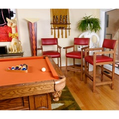 Restored Vintage Solid Oak Red Leather Pool Room Billiard Barstools Set of 3