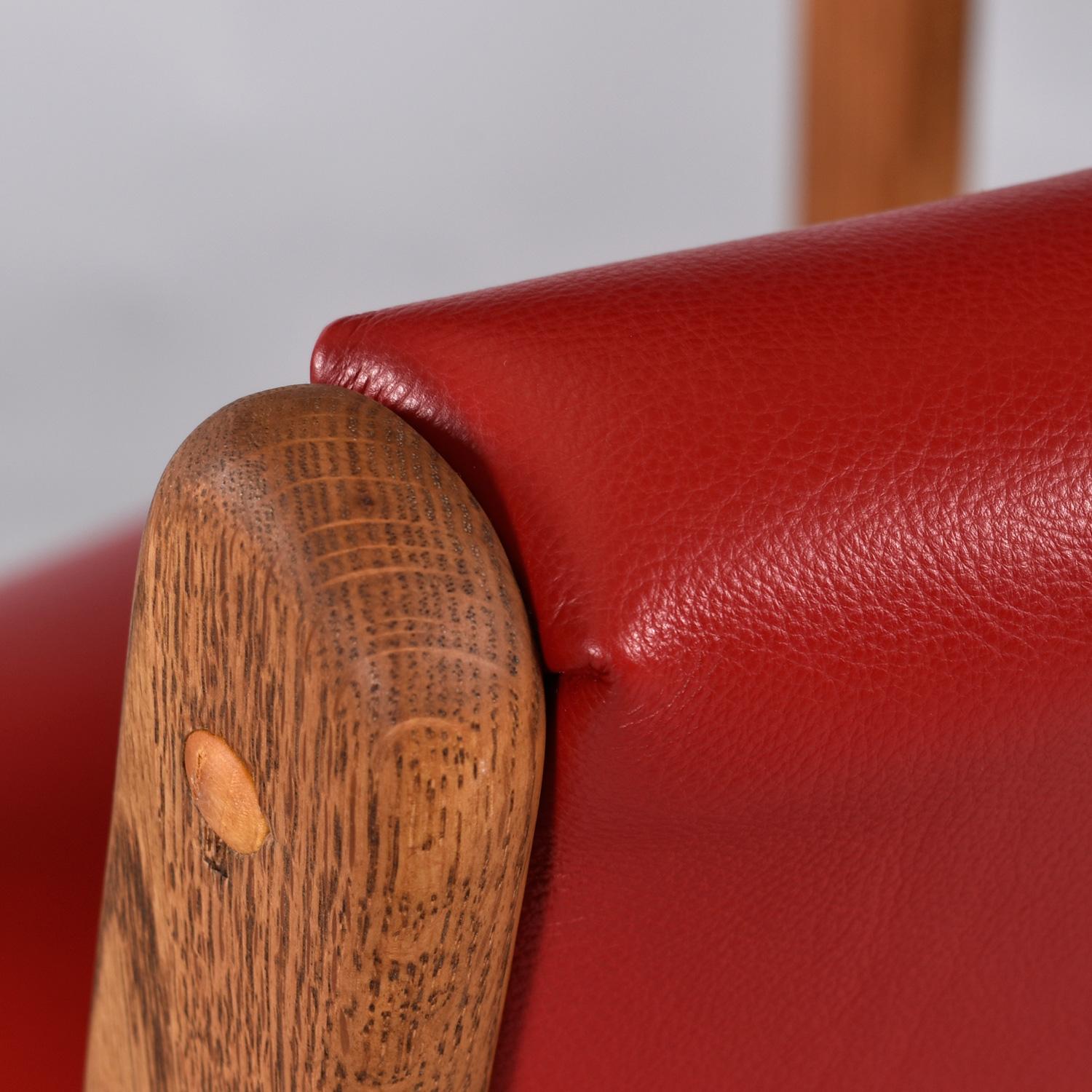Restored Vintage Solid Oak Red Leather Pool Room Billiard Barstools Set of 3 For Sale 4