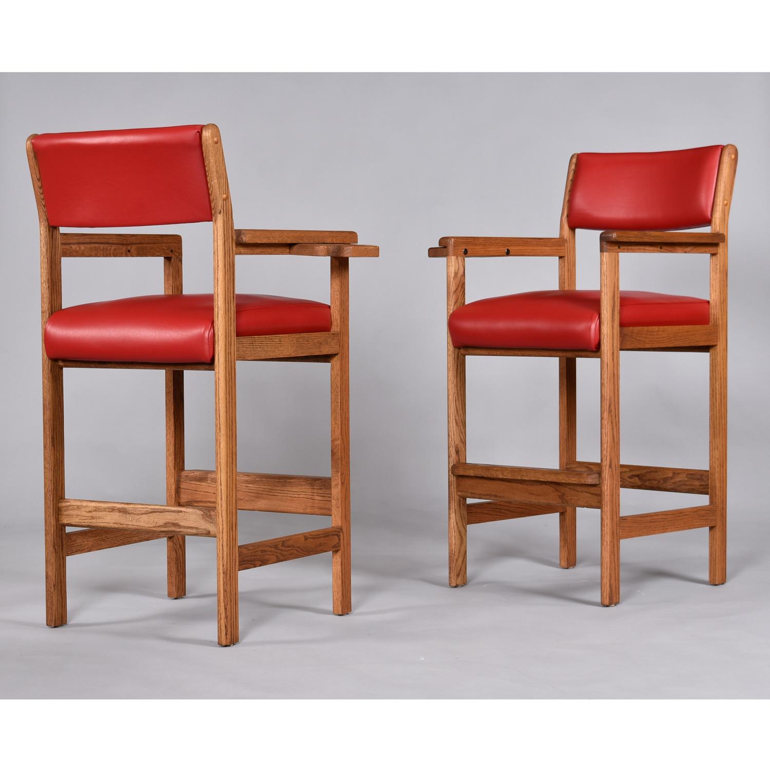 Restored Vintage Solid Oak Red Leather Pool Room Billiard Barstools Set of 3 For Sale 1