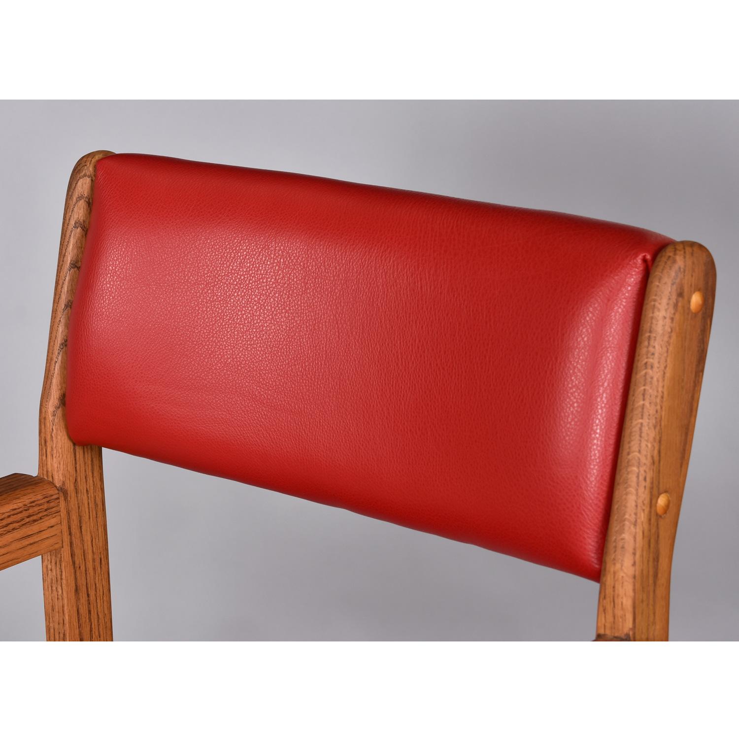 Restored Vintage Solid Oak Red Leather Pool Room Billiard Barstools Set of 3 For Sale 6