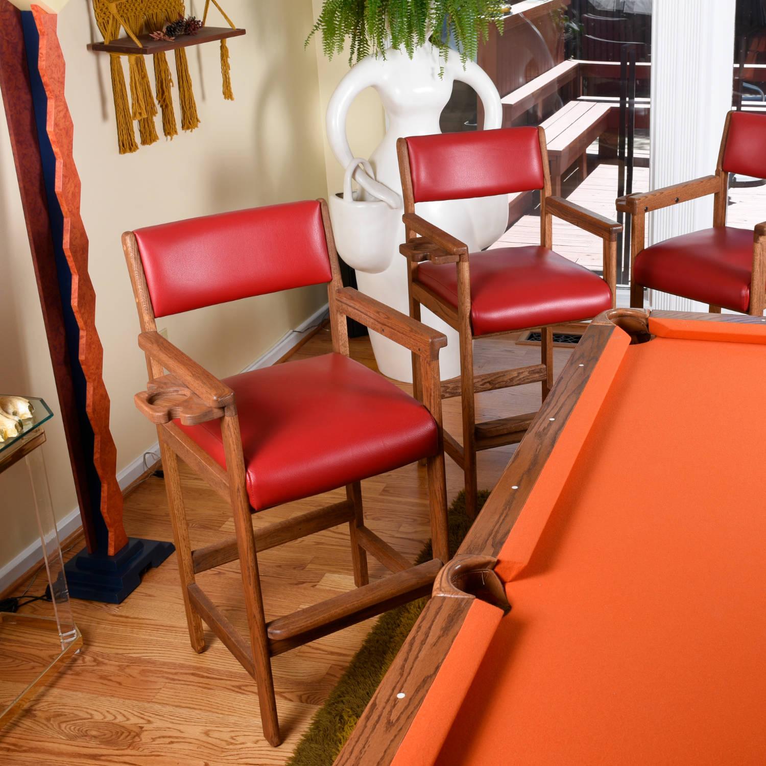 Late 20th Century Restored Vintage Solid Oak Red Leather Pool Room Billiard Barstools Set of 3 For Sale