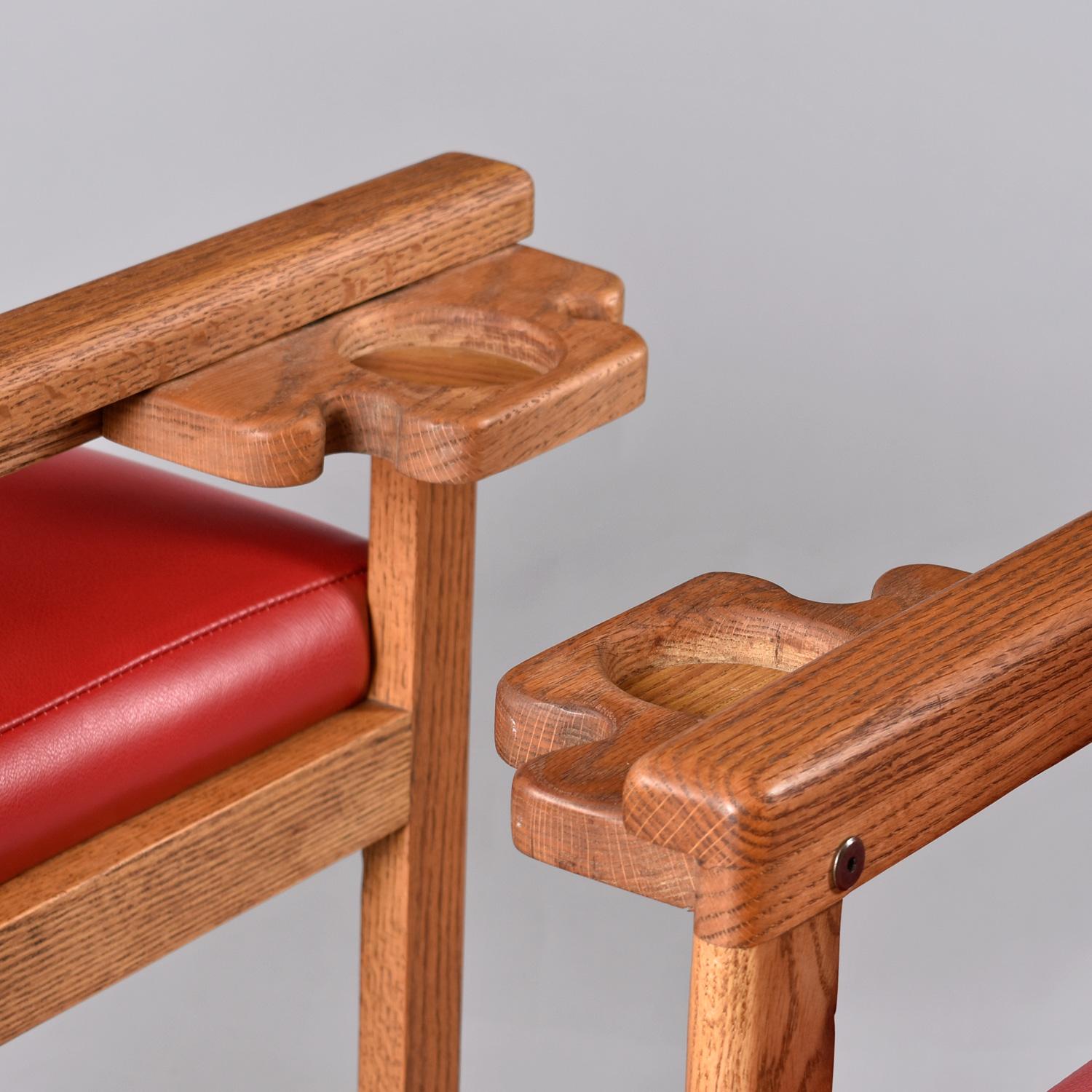 Restored Vintage Solid Oak Red Leather Pool Room Billiard Barstools Set of 3 In Excellent Condition For Sale In Chattanooga, TN