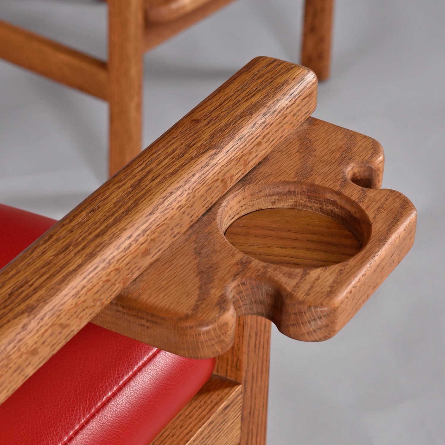 Restored Vintage Solid Oak Red Leather Pool Room Billiard Barstools Set of 3 For Sale 2