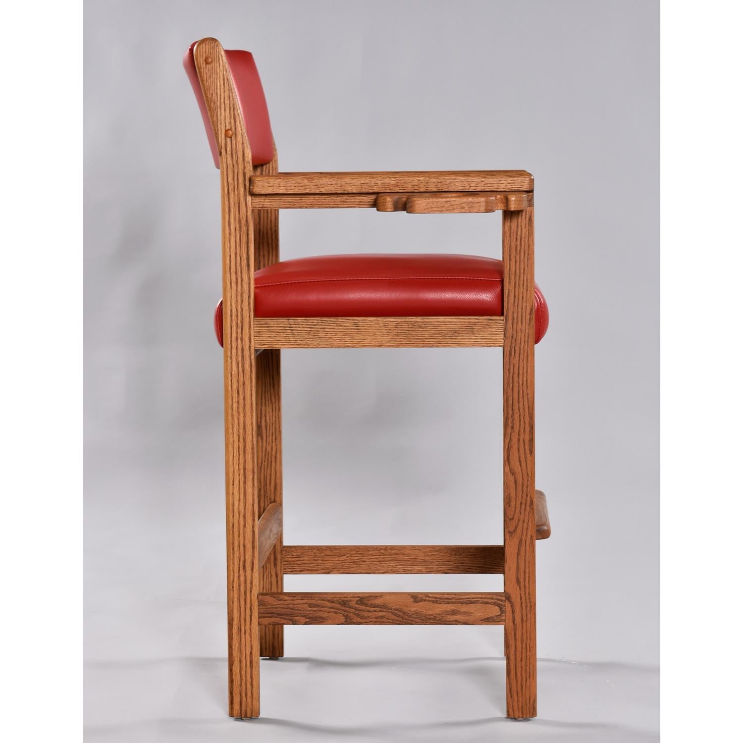 Mid-Century Modern Restored Vintage Solid Oak Red Leather Pool Room Billiard Barstools Set of 3 For Sale