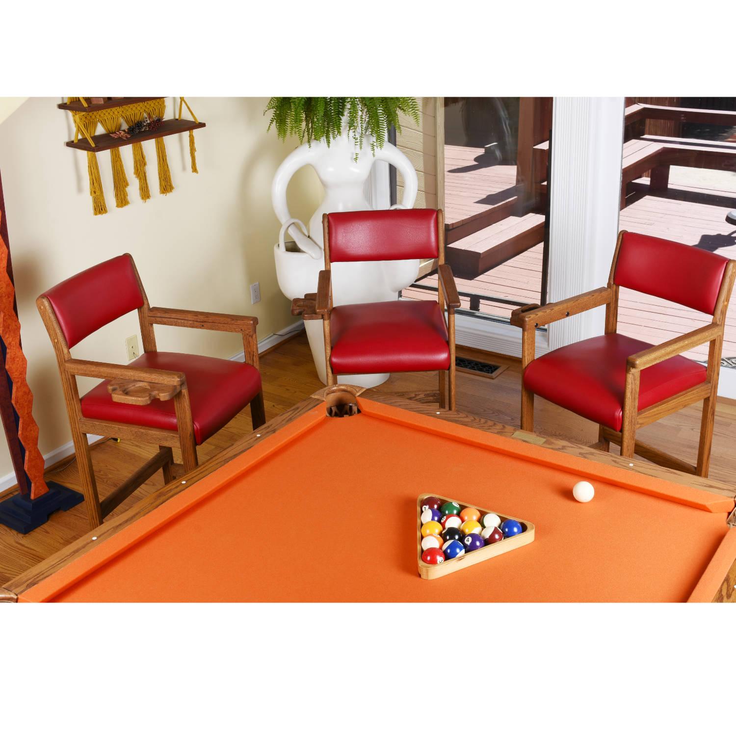 Restored Vintage Solid Oak Red Leather Pool Room Billiard Barstools Set of 3 For Sale 3