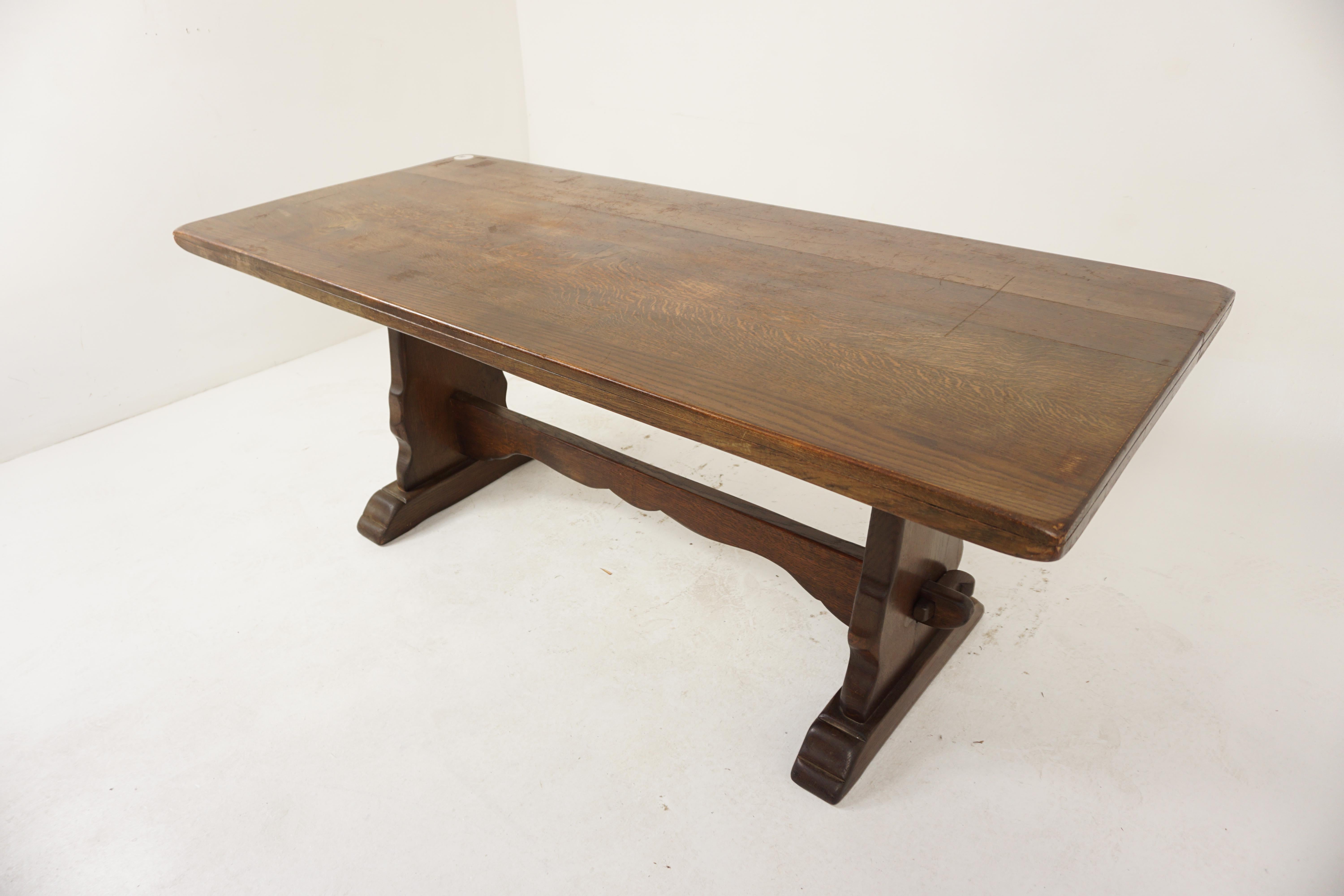 Vintage Solid Oak Refectory Dining Farmhouse Table, Scotland 1930, H1031

Scotland 1930
Solid Oak
Original Finish
Consisting of four solid planks to the top
The end supports are solid oak and are joined by a heavy wavy base stretcher and held by