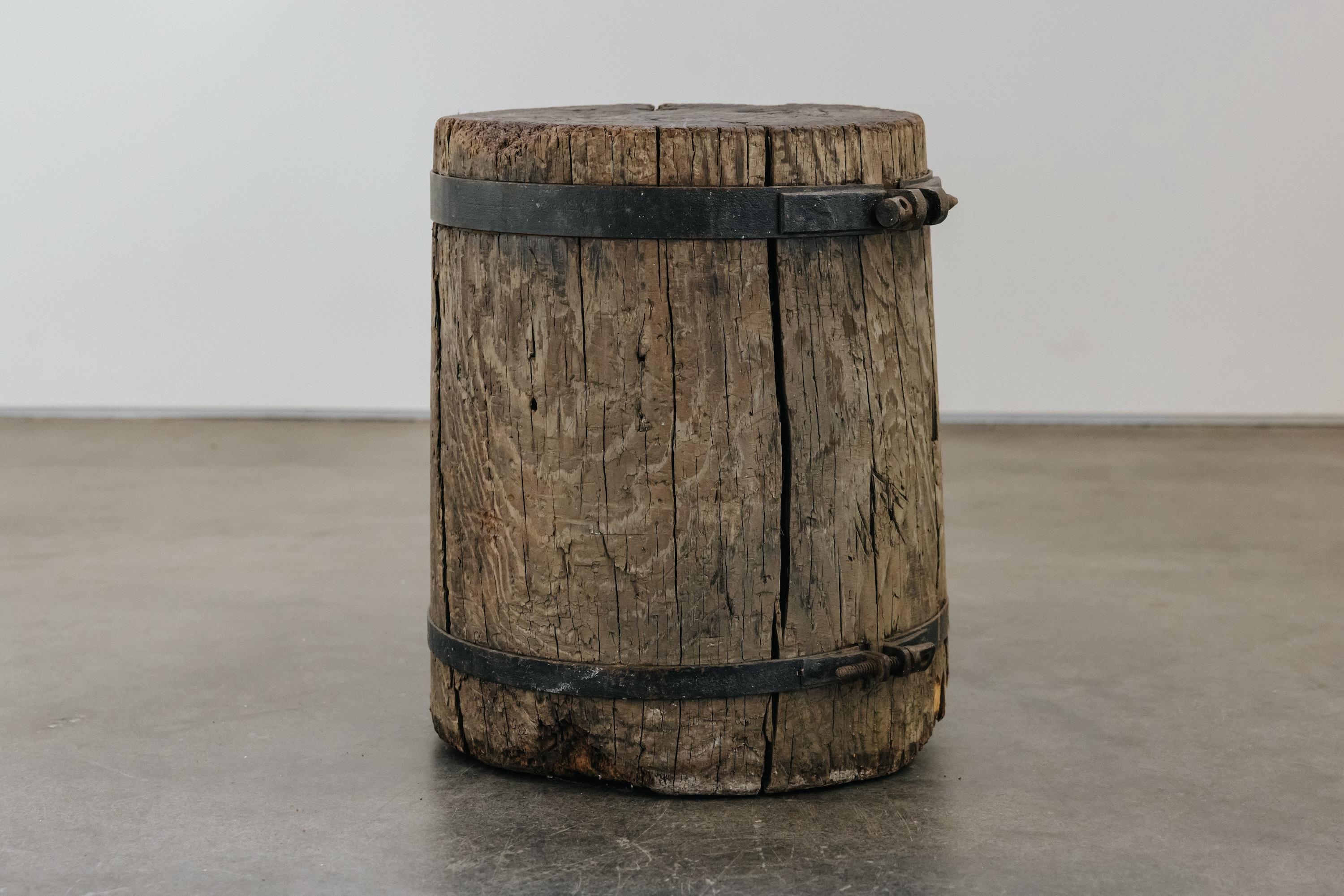Vintage Solid Oak Slab Side Table From France, Circa 1940.  Solid oak with original iron detail.  Nice wear and use.