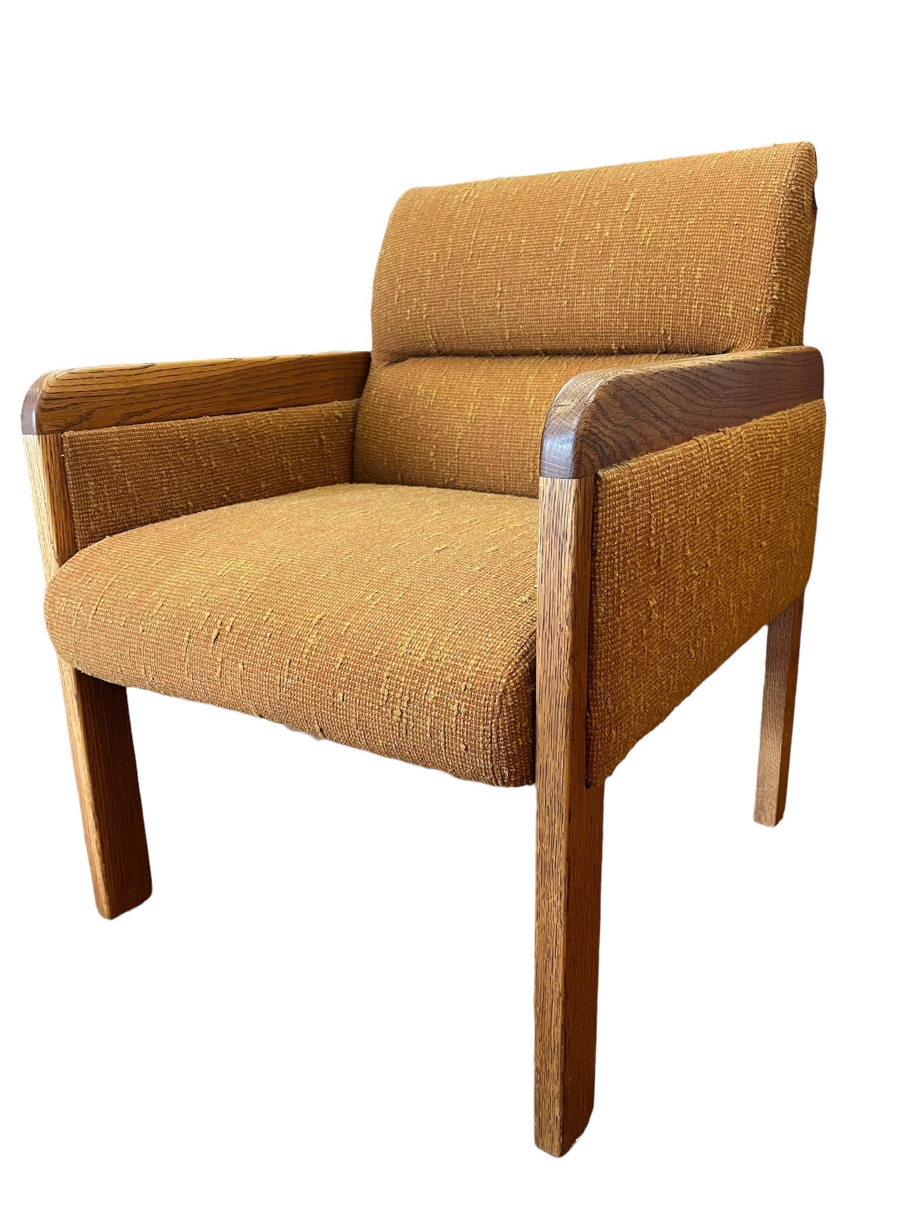 Vintage Solid Oak Upholstered Mid-Century Modern Sofa Chair In Good Condition For Sale In Seattle, WA