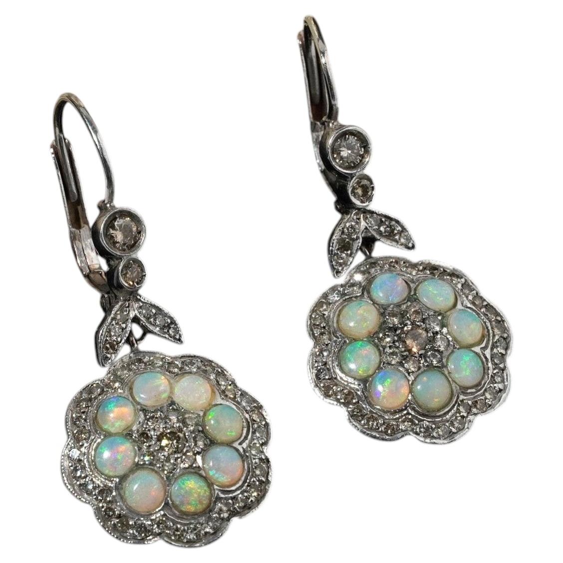 Vintage Solid Opal Diamond Flower Drop Earrings 9ct White Gold Silver Edwardian