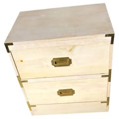 Vintage Solid Pine Antiqued Whitewash Bedside Campaign Chest of Drawers