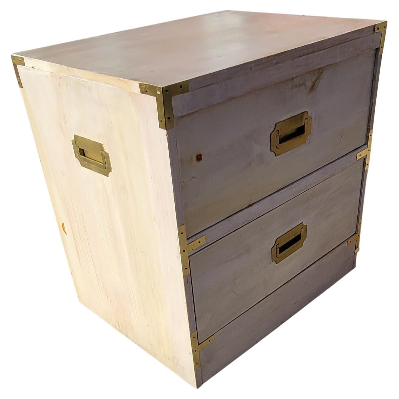 Painted Vintage Solid Pine Antiqued Whitewash Bedside Campaign Chest of Drawers For Sale
