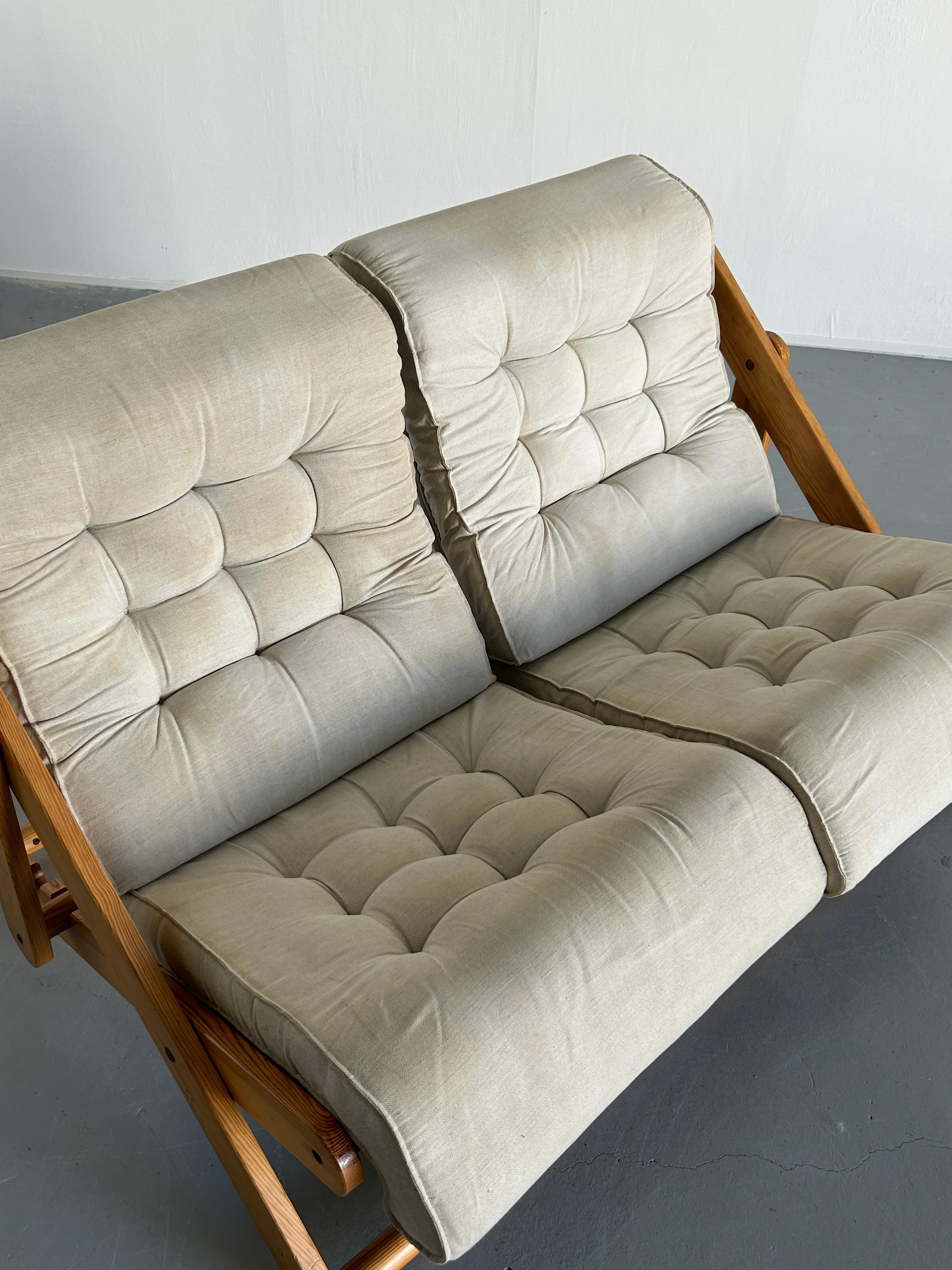 Vintage Solid Pine Kon-Tiki Folding Loveseat Lounge Sofa, Gillis Lundgren, Ikea 3