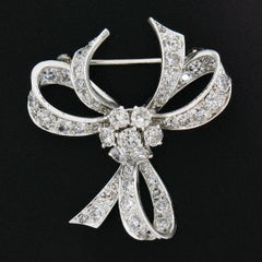 Vintage Solid Platinum 1.95ctw Old Cut Diamond Ribbon Bow Flower Pin Brooch