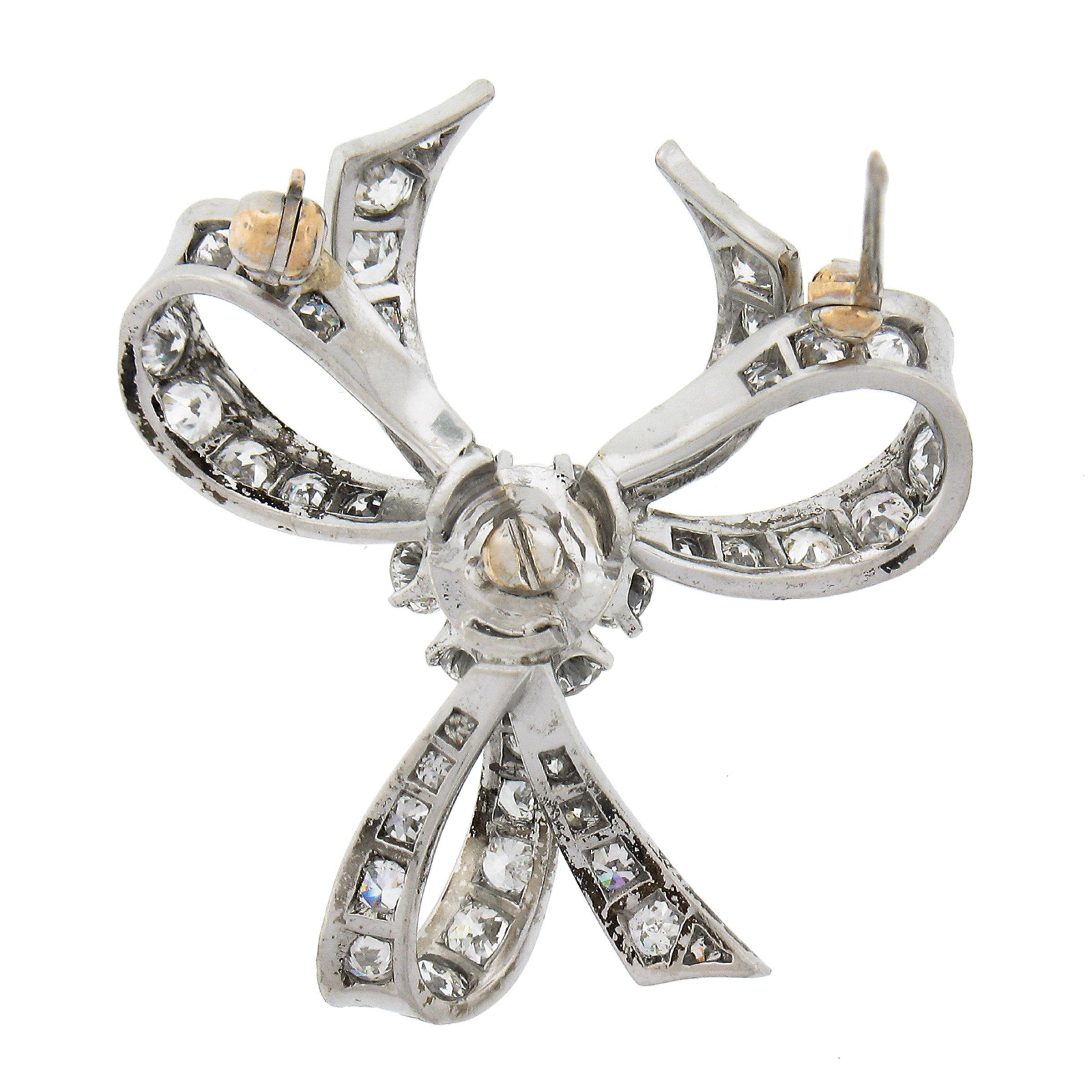 Vintage Solid Platinum 1.95ctw Old Cut Diamond Ribbon Bow Flower Pin Brooch In Good Condition For Sale In Montclair, NJ