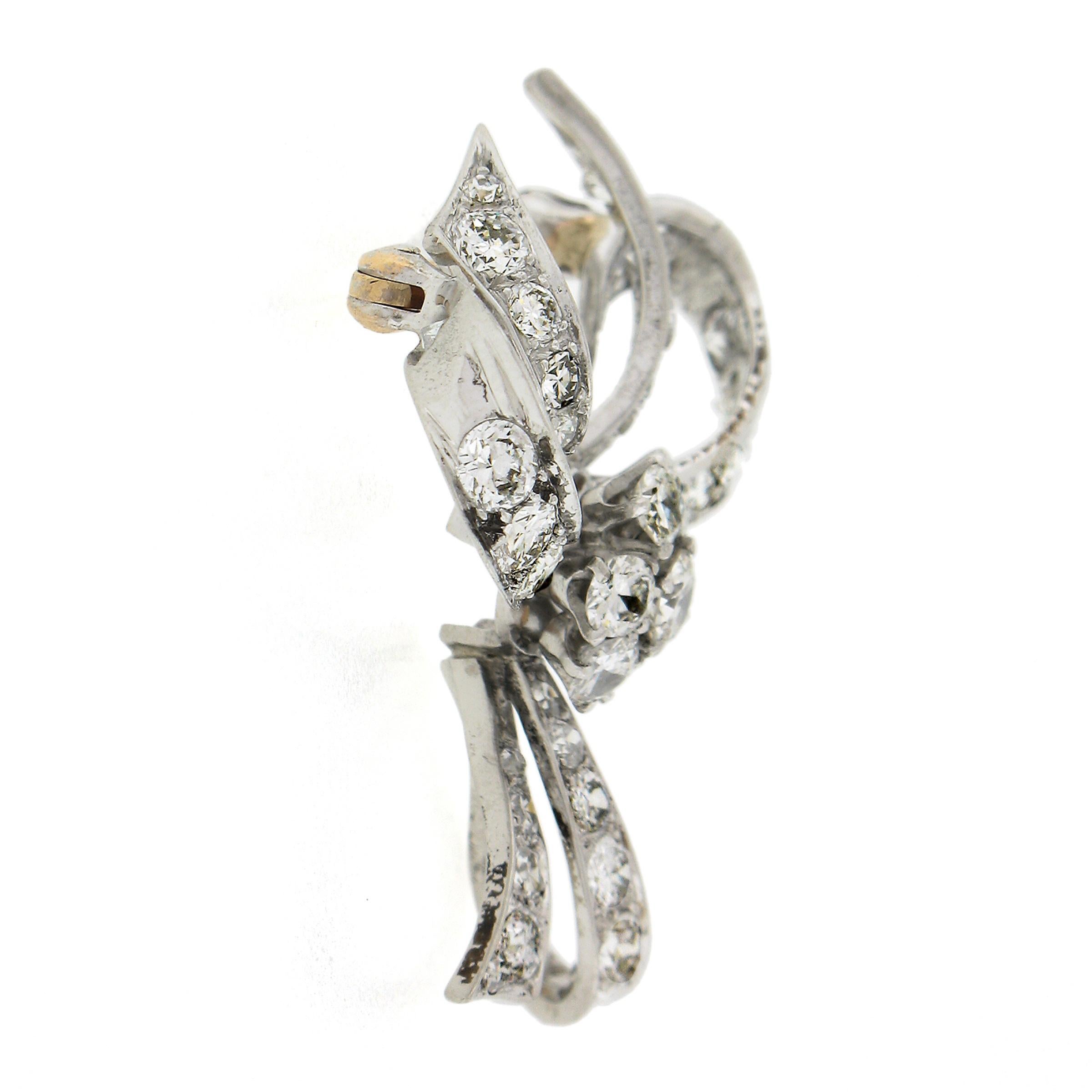 Vintage Solid Platinum 1.95ctw Old Cut Diamond Ribbon Bow Flower Pin Brooch For Sale 1