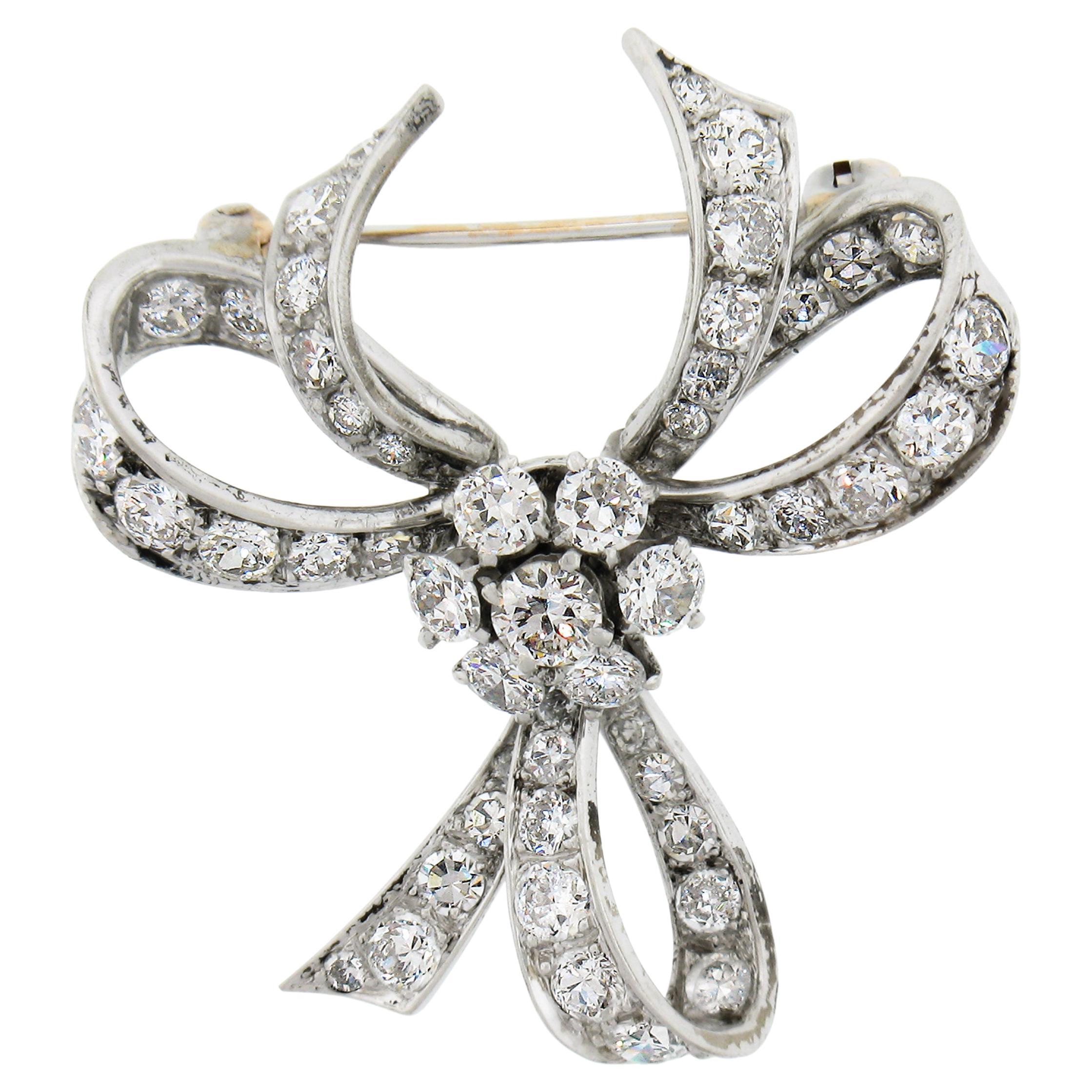 Vintage Solid Platinum 1.95ctw Old Cut Diamond Ribbon Bow Flower Pin Brooch For Sale
