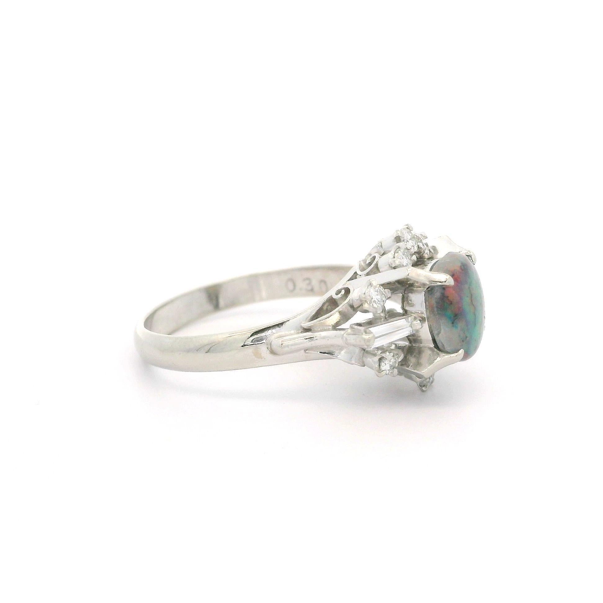 Vintage Solid Platinum GIA 1.30ctw Cabochon Black Opal w/ Diamond Cocktail Ring For Sale 6
