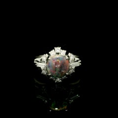 Vintage Solid Platinum GIA 1.30ctw Cabochon Black Opal w/ Diamond Cocktail Ring