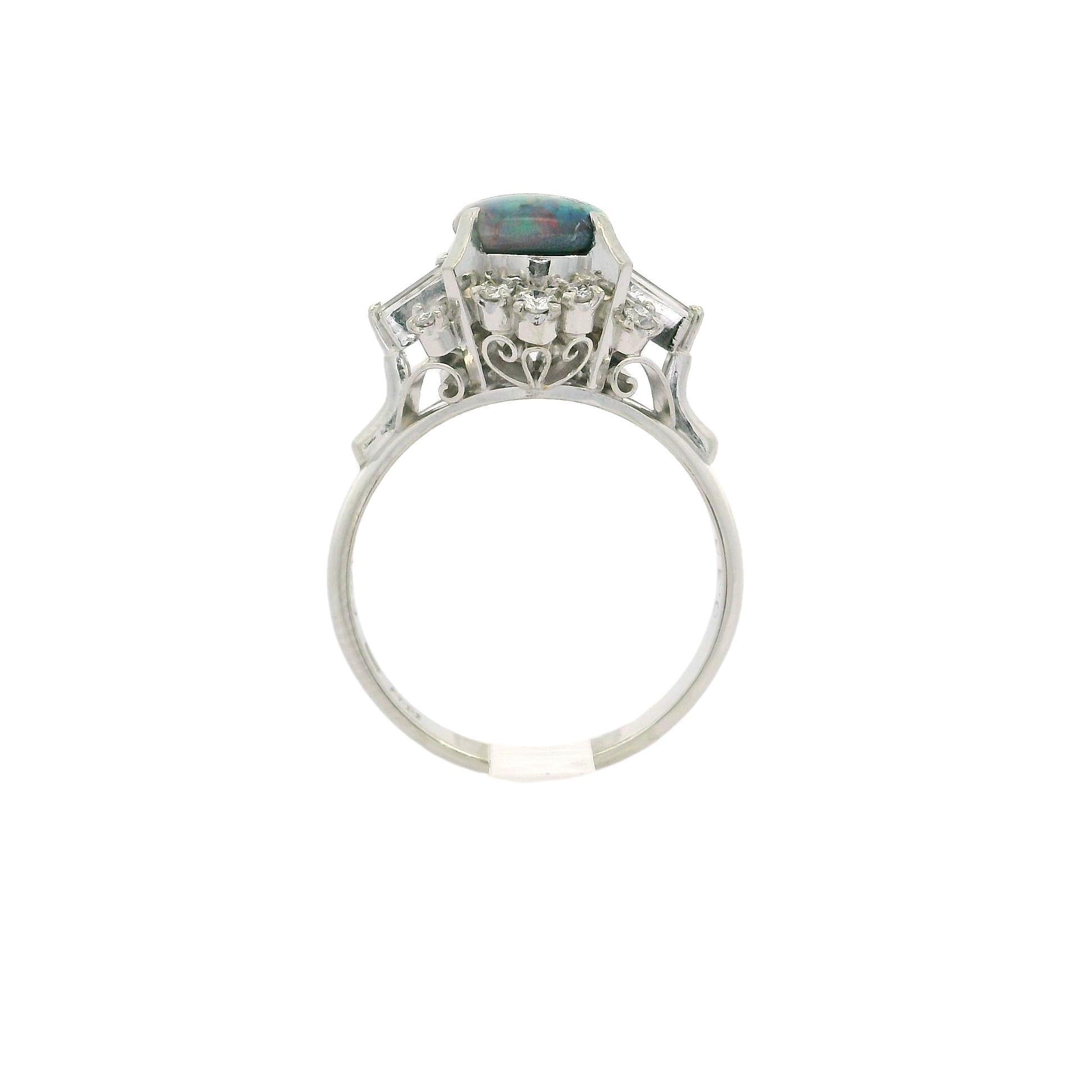 Vintage Solid Platinum GIA 1.30ctw Cabochon Black Opal w/ Diamond Cocktail Ring For Sale 2