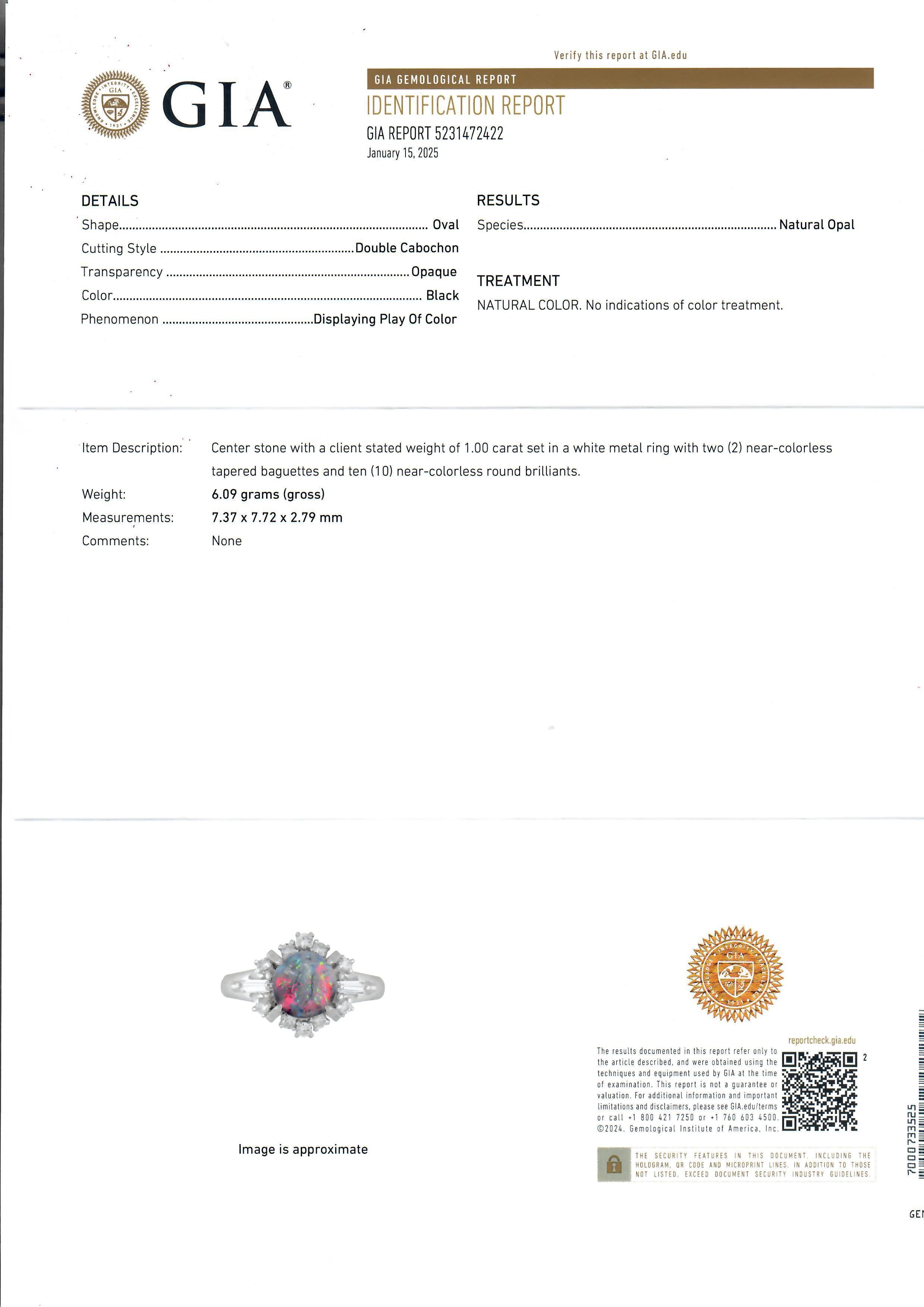 Vintage Solid Platinum GIA 1.30ctw Cabochon Black Opal w/ Diamond Cocktail Ring For Sale 3