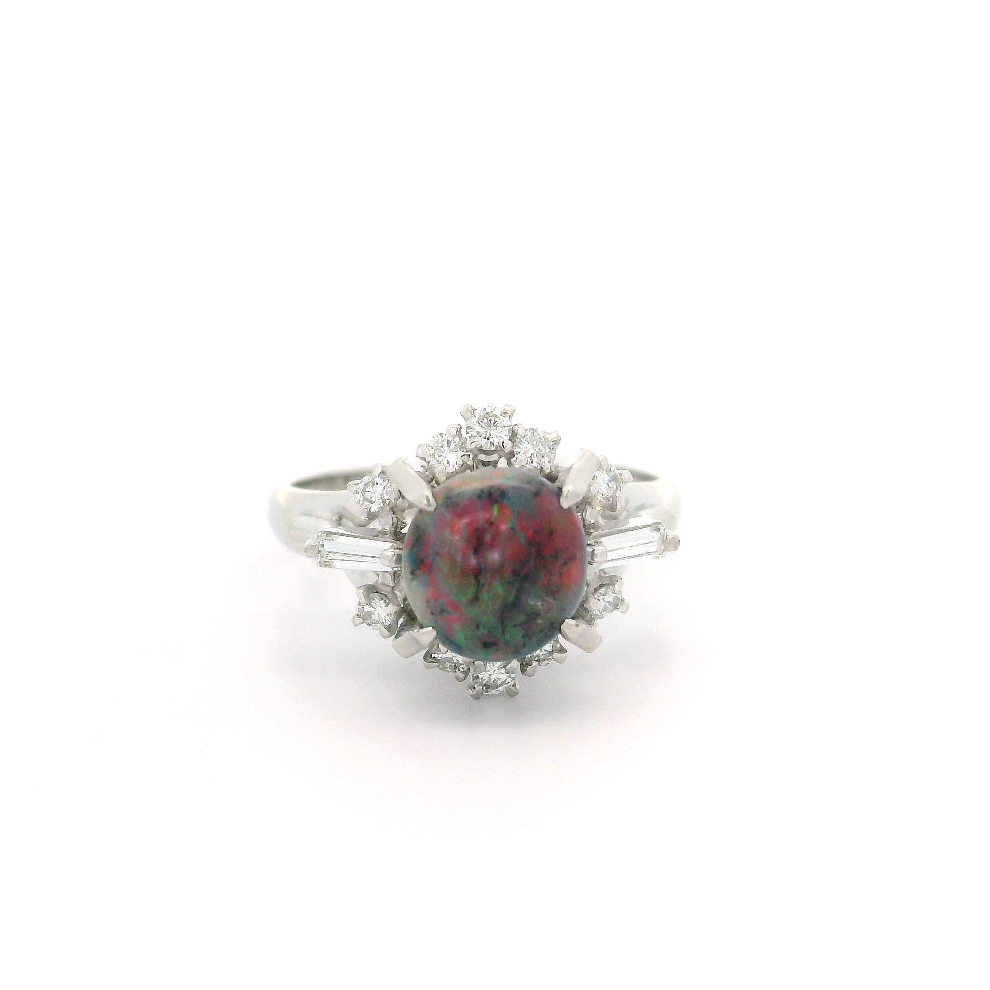 Vintage Solid Platinum GIA 1.30ctw Cabochon Black Opal w/ Diamond Cocktail Ring For Sale 4