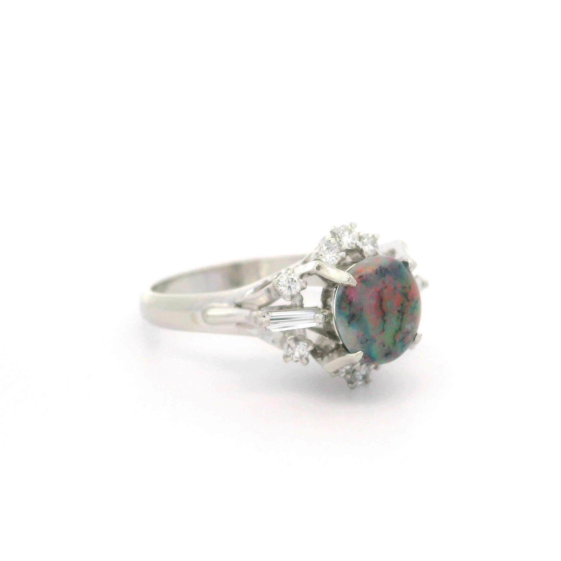 Vintage Solid Platinum GIA 1.30ctw Cabochon Black Opal w/ Diamond Cocktail Ring For Sale 5