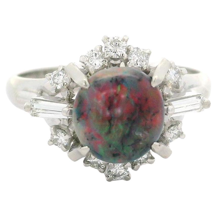 Vintage Solid Platinum GIA 1.30ctw Cabochon Black Opal w/ Diamond Cocktail Ring