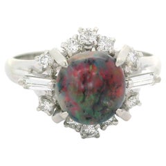 Vintage Solid Platinum GIA 1.30ctw Cabochon Black Opal w/ Diamond Cocktail Ring