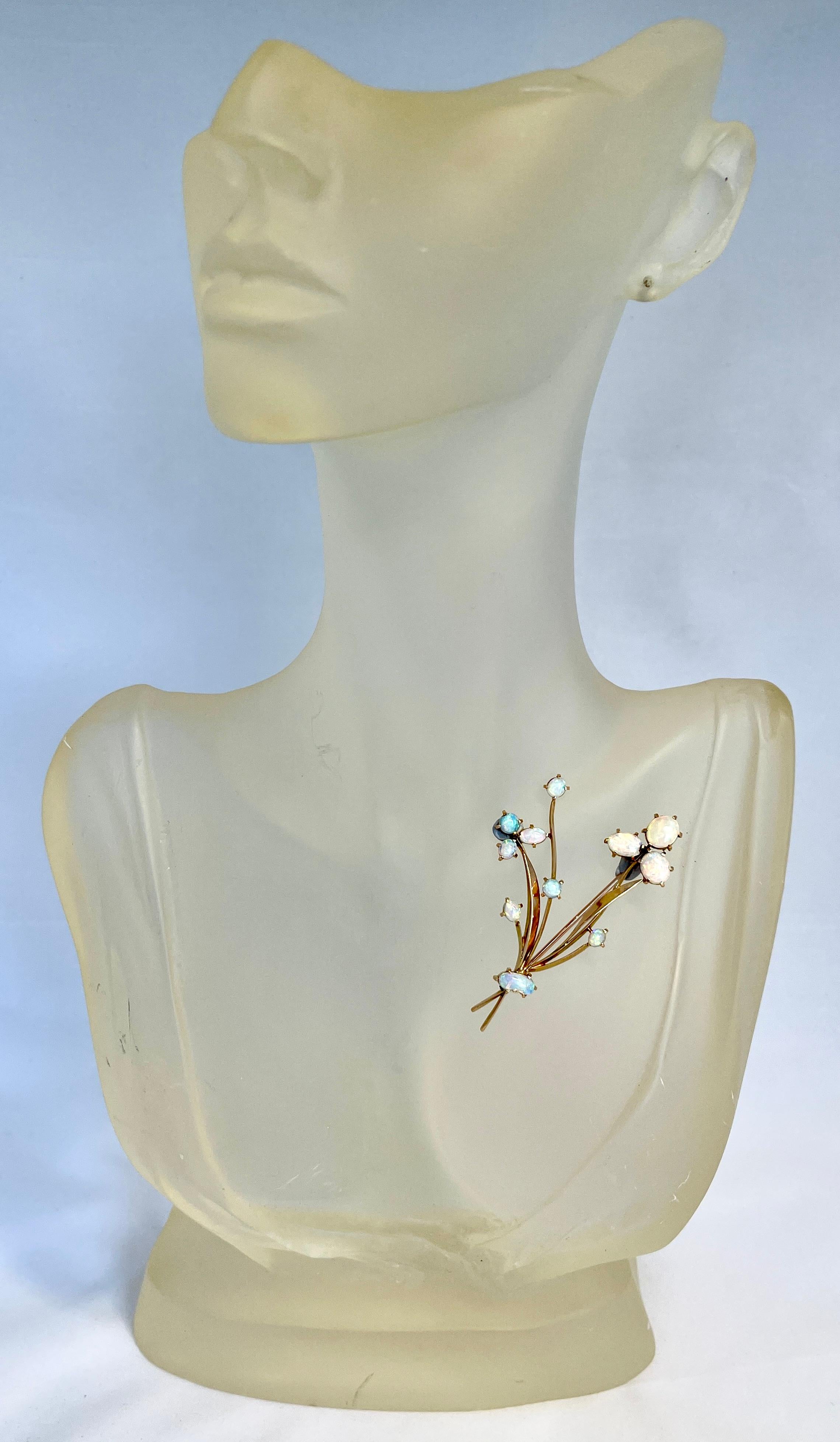 Oval Cut Vintage Solid Precious Opal Flower Brooch Circa 1940s 15ct Yellow Gold Valuation For Sale