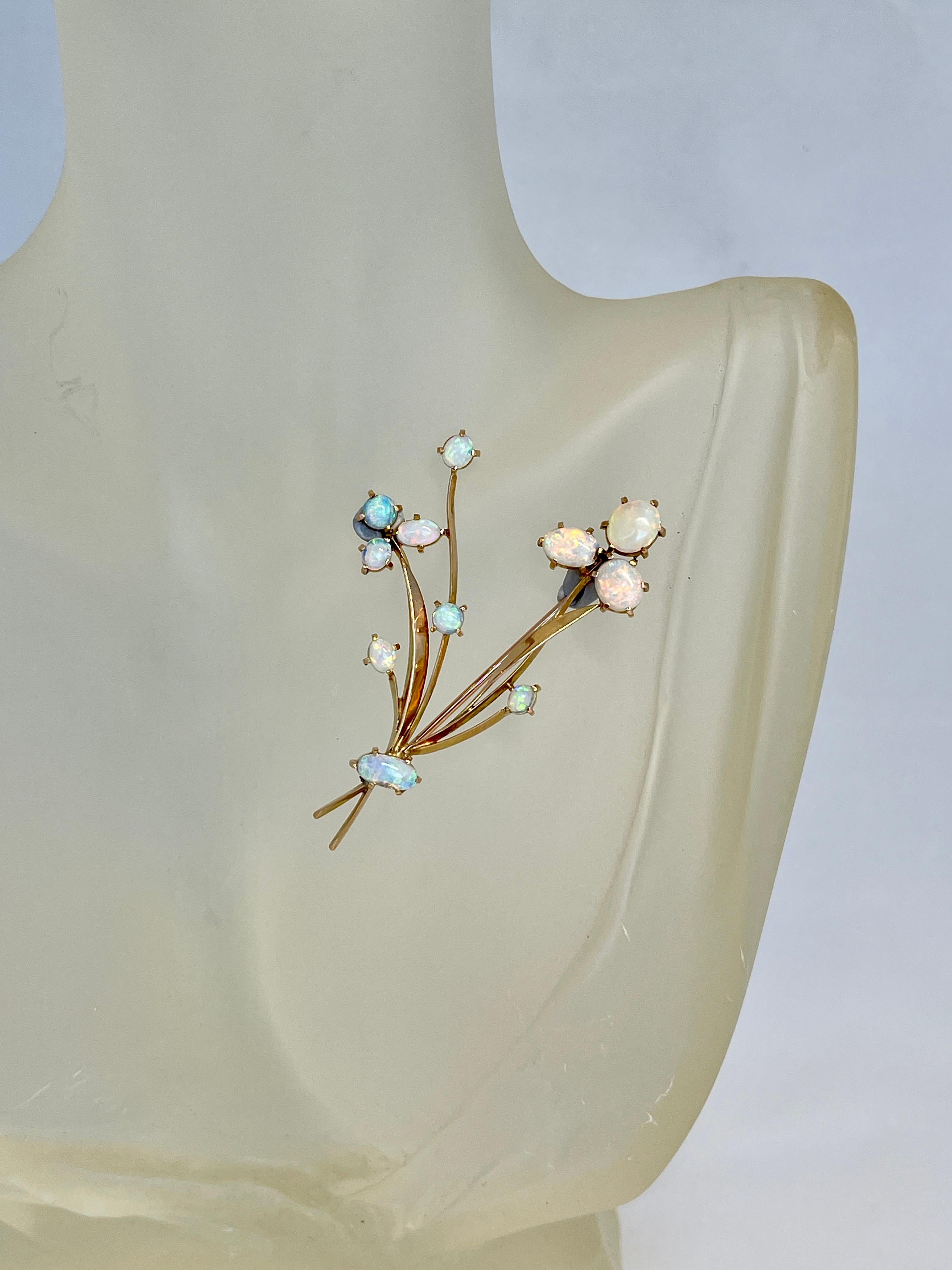 Vintage Solid Precious Opal Flower Brooch Circa 1940s 15ct Yellow Gold Valuation In Excellent Condition For Sale In Mona Vale, NSW