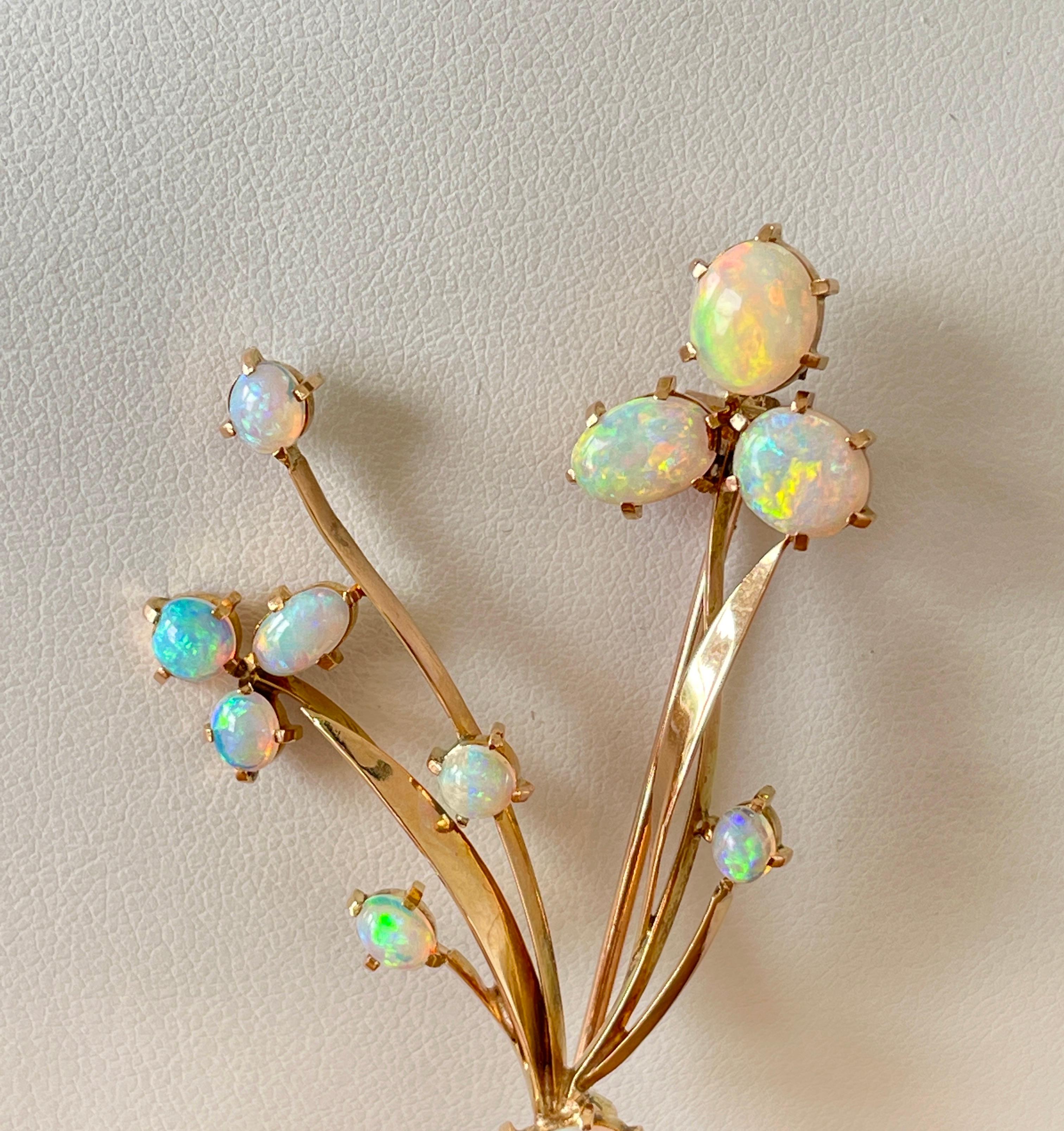 Vintage Solid Precious Opal Flower Brooch Circa 1940s 15ct Yellow Gold Valuation For Sale 8