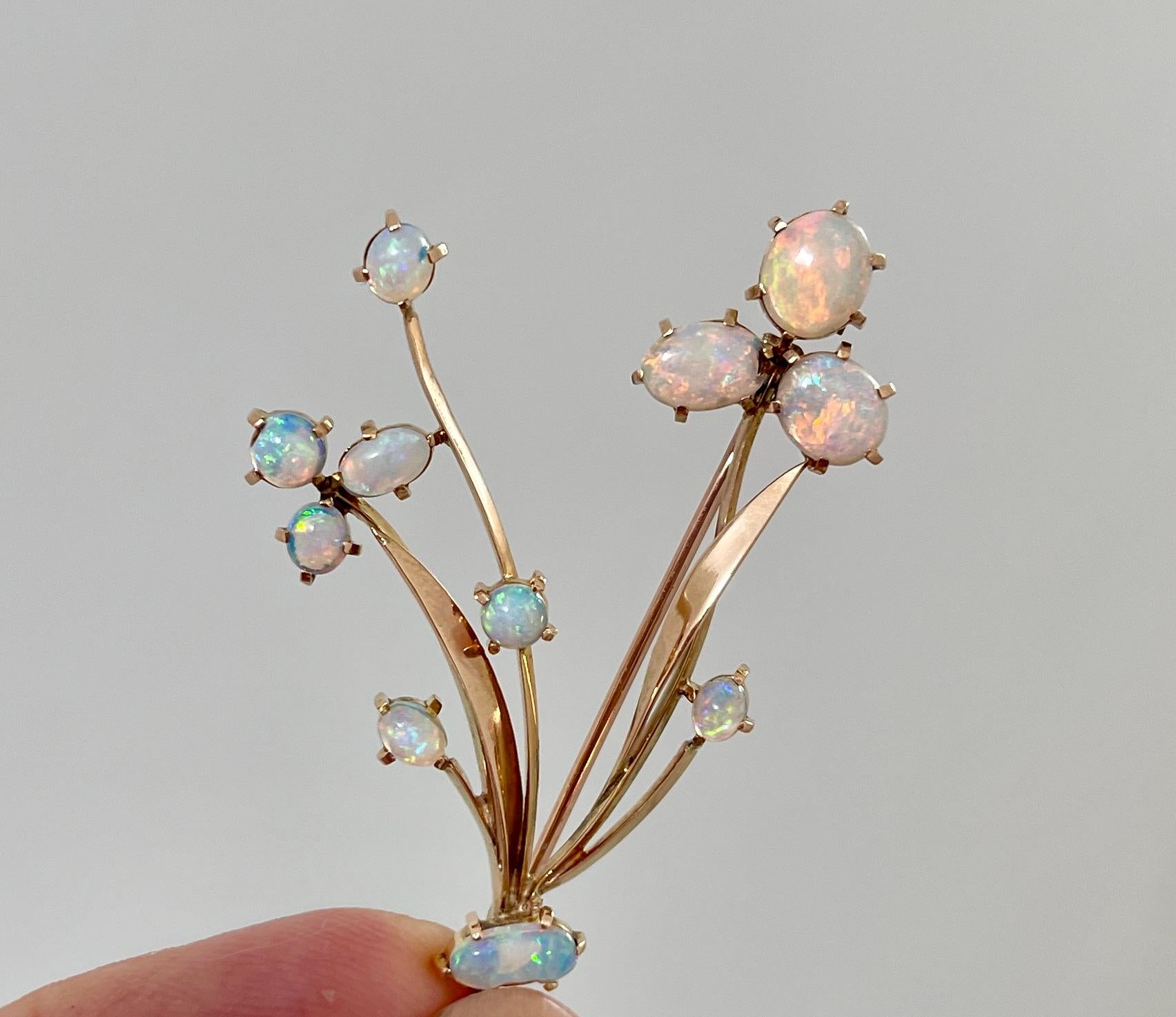 Vintage Solid Precious Opal Flower Brooch Circa 1940s 15ct Yellow Gold Valuation For Sale 9