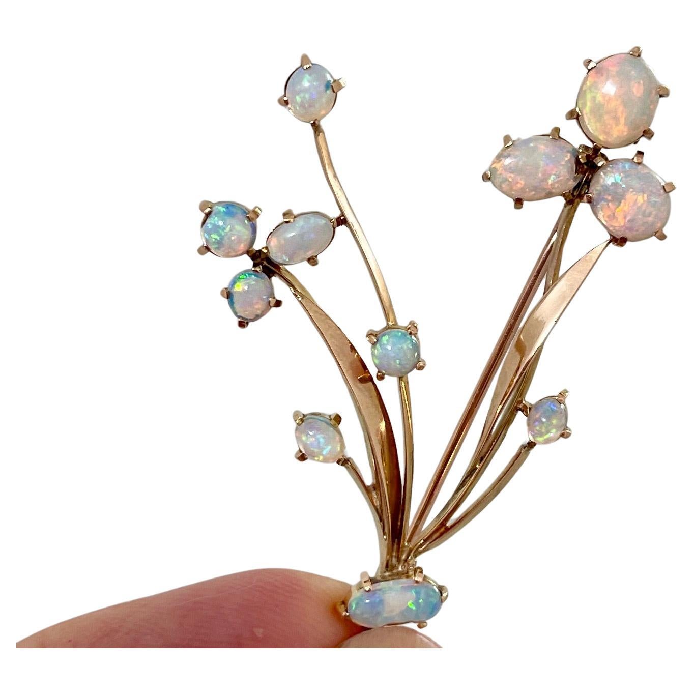 Vintage Solid Precious Opal Flower Brooch Circa 1940s 15ct Yellow Gold Valuation For Sale