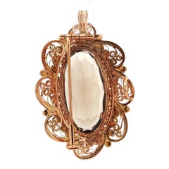 Vintage Solid Rosy Gold Large Smokey Quartz Pearl Halo Filigree Brooch Pendant