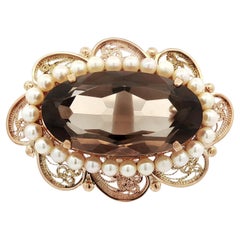 Pendentif Broche Vintage Or Rosé massif Gros quartz fumé Perle Halo Filigree