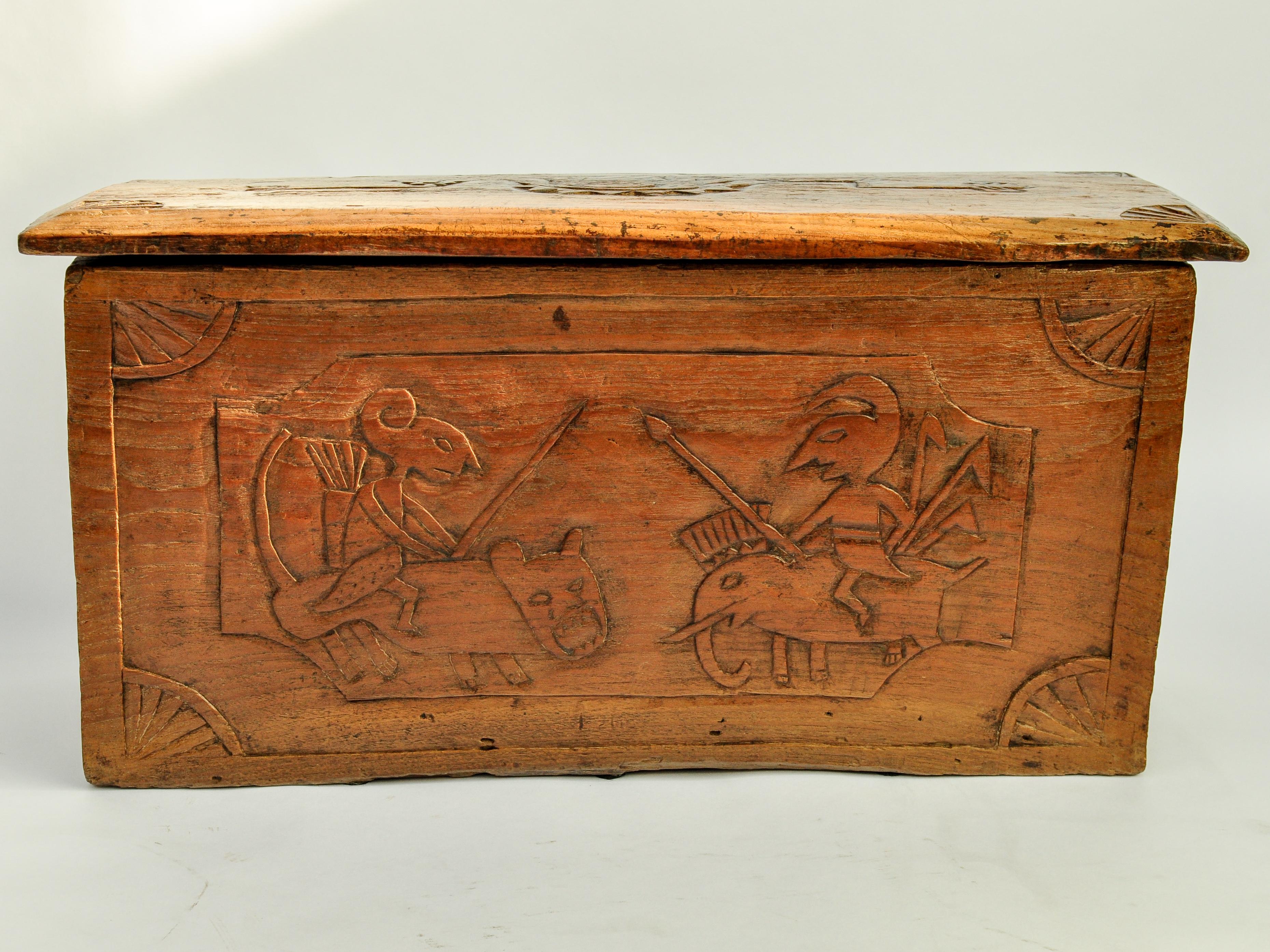 Folk Art Vintage Solid Teak Storage Box with Carvings, Java, Early to Mid-20th Century