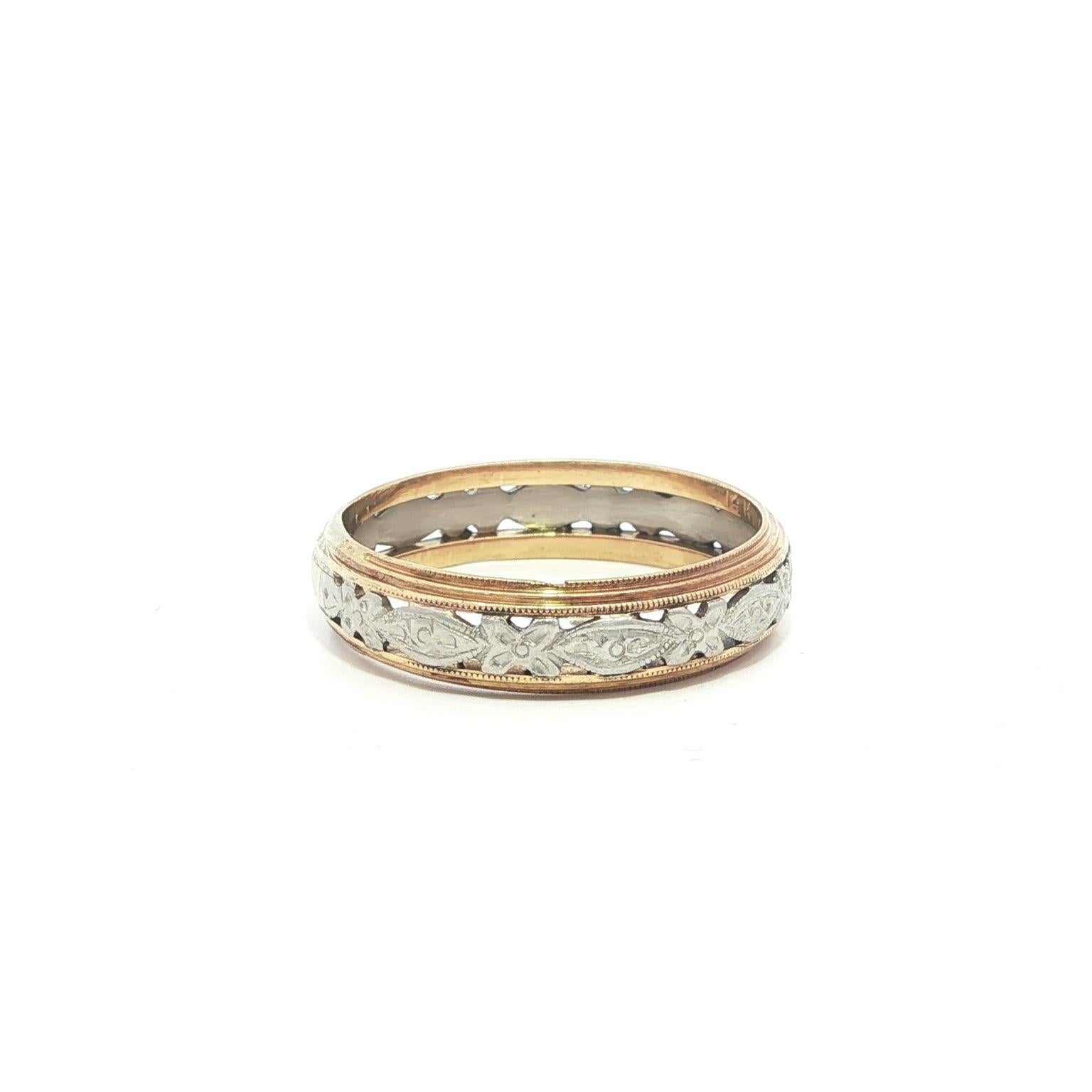 Anello Vintage in oro massiccio bicolore con incisione floreale da 5 mm