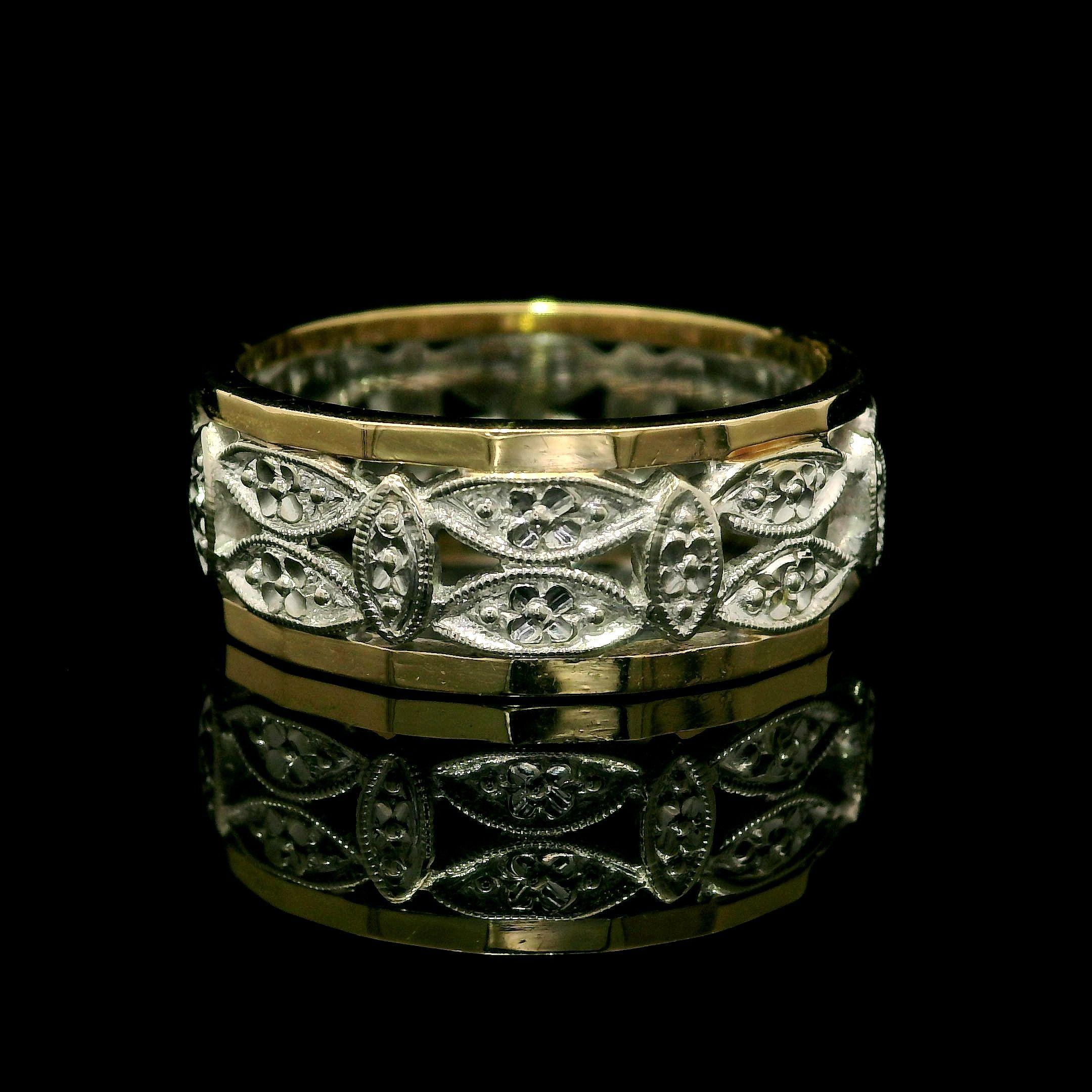 Vintage Solid Two Tone Gold Wide Open Work Faceted Sides Eternity Band Ring In Excellent Condition For Sale In Montclair, NJ